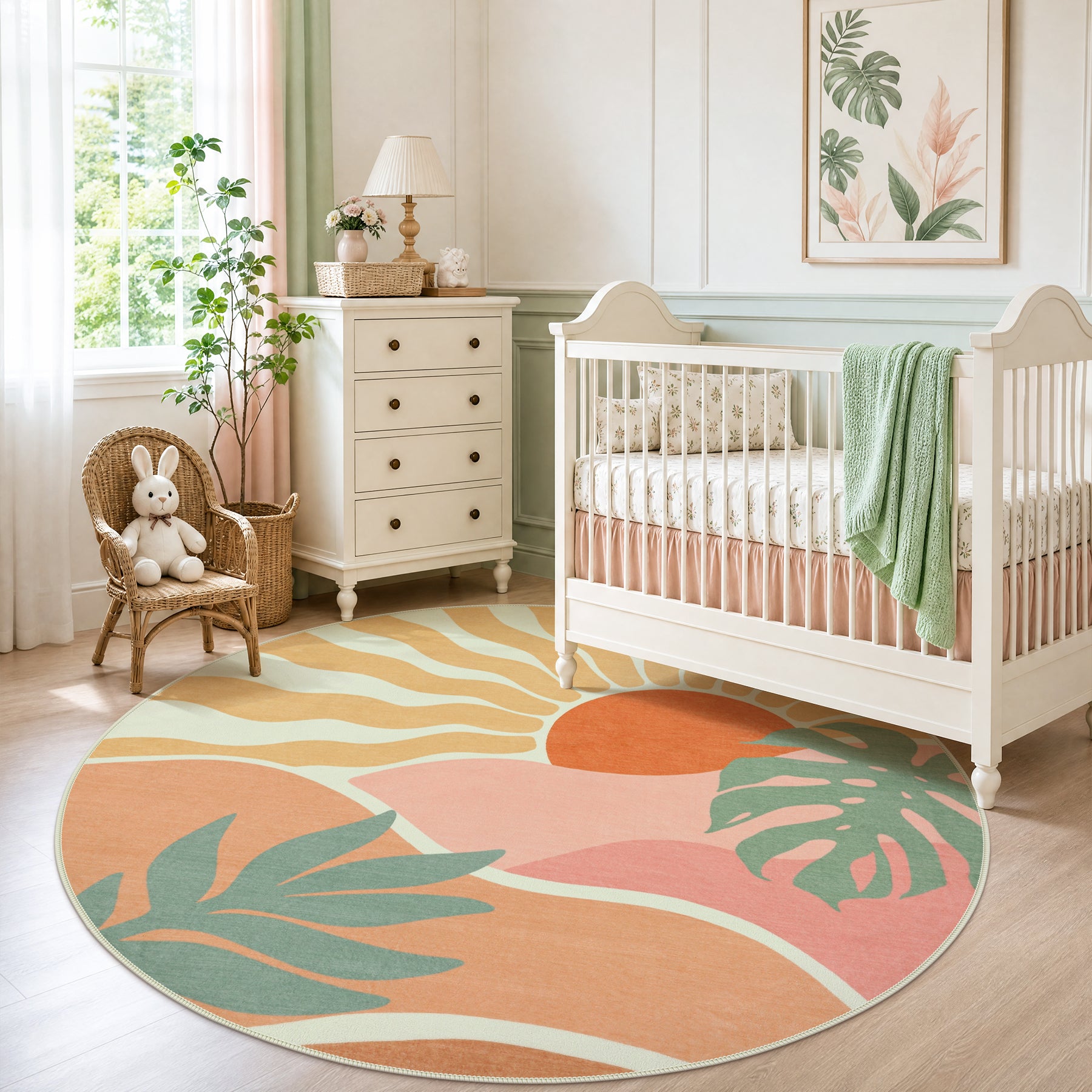 Boho Sun Area Rug, Machine Washable Faux Wool Rug, Non-Slip, Kid & Pet Friendly, Washable Living Room Carpet