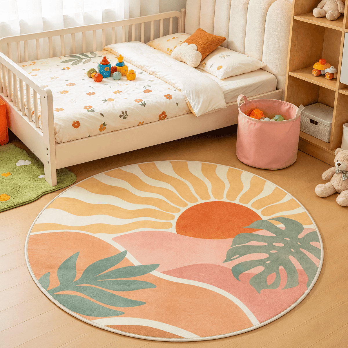 Boho Sun Area Rug, Machine Washable Faux Wool Rug, Non-Slip, Kid & Pet Friendly, Washable Living Room Carpet