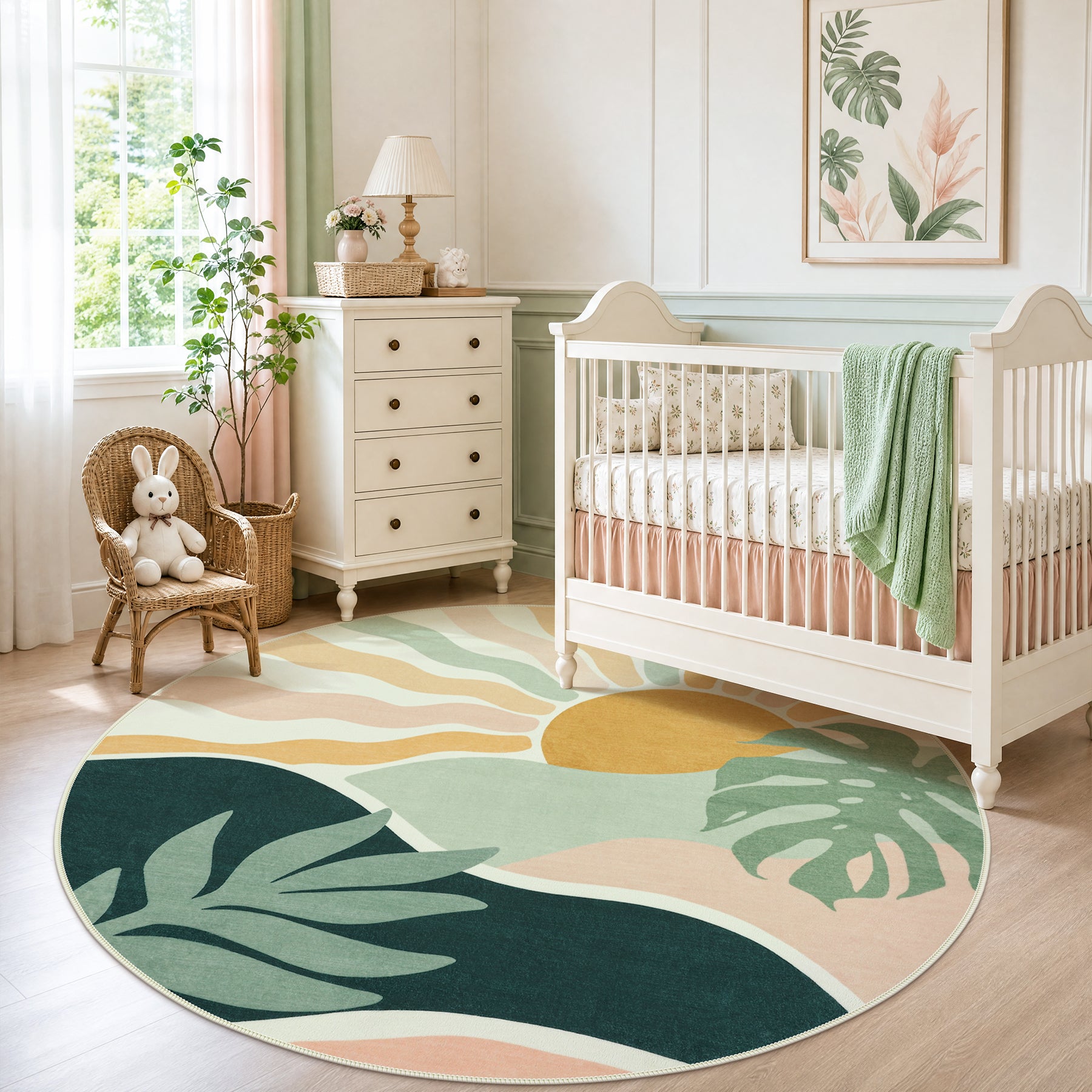 Boho Sun Area Rug, Machine Washable Faux Wool Rug, Non-Slip, Kid & Pet Friendly, Washable Living Room Carpet