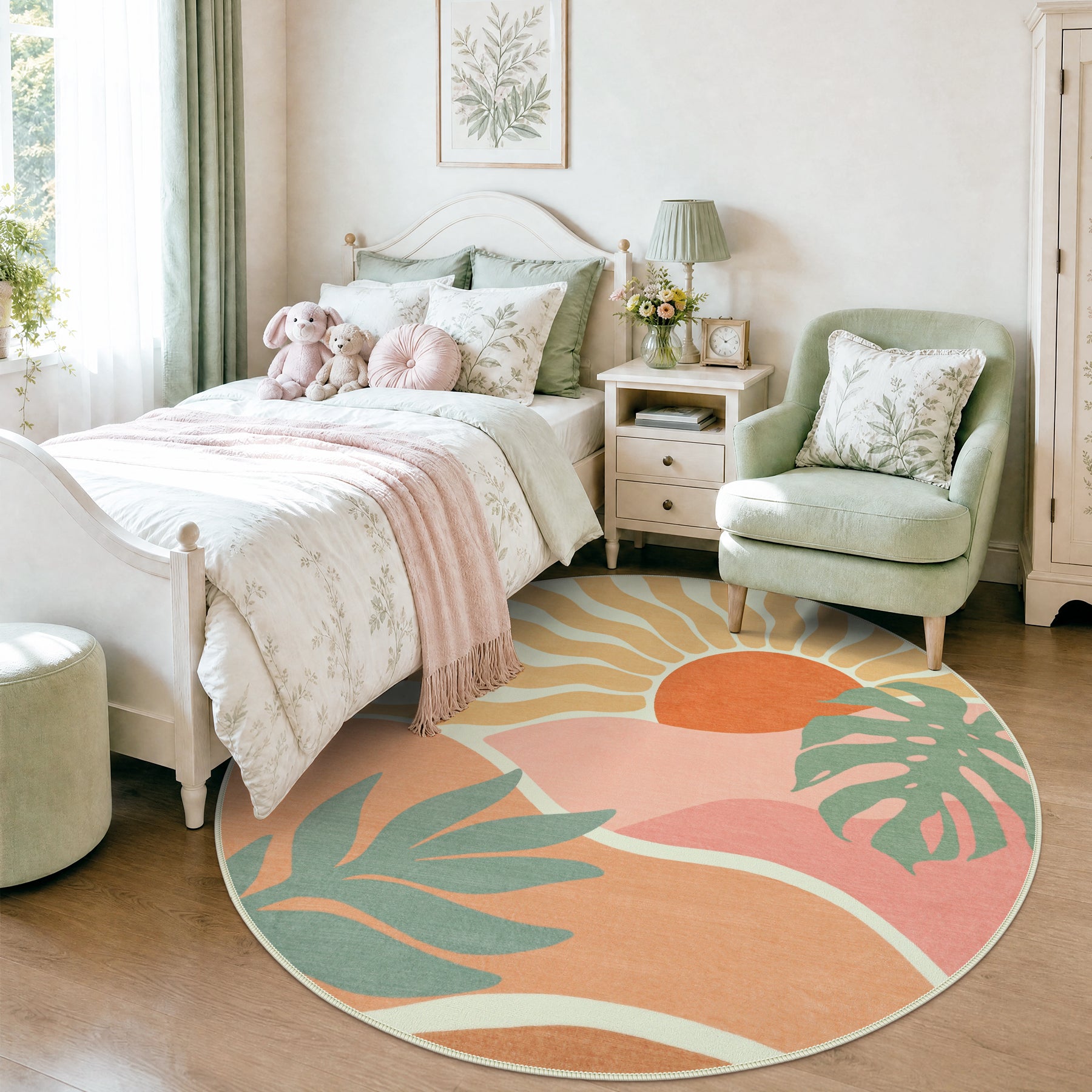Boho Sun Area Rug, Machine Washable Faux Wool Rug, Non-Slip, Kid & Pet Friendly, Washable Living Room Carpet