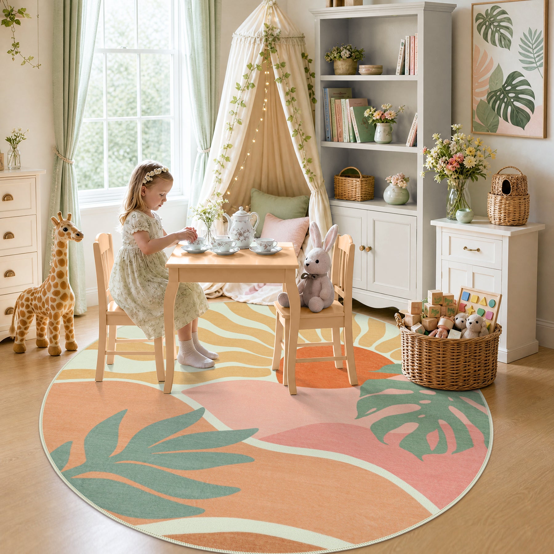 Boho Sun Area Rug, Machine Washable Faux Wool Rug, Non-Slip, Kid & Pet Friendly, Washable Living Room Carpet