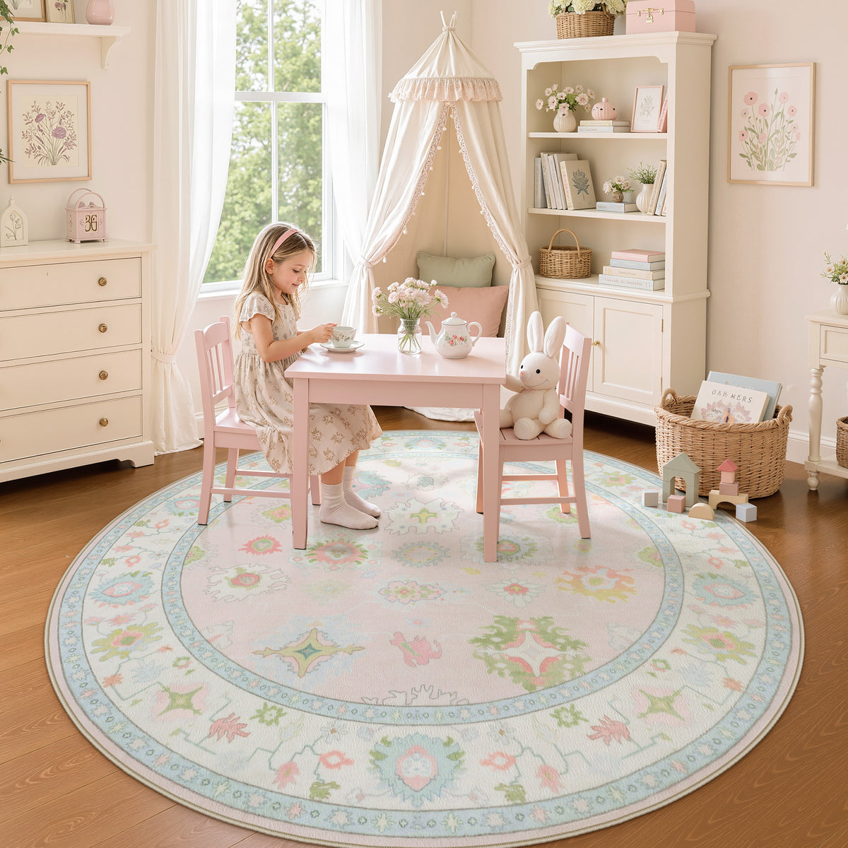 5x7/8x10/9x12 Boho Oushak Area Rug, Floral Washable Non Slip Low Pile Area Rug, Oeko-Tex Certified