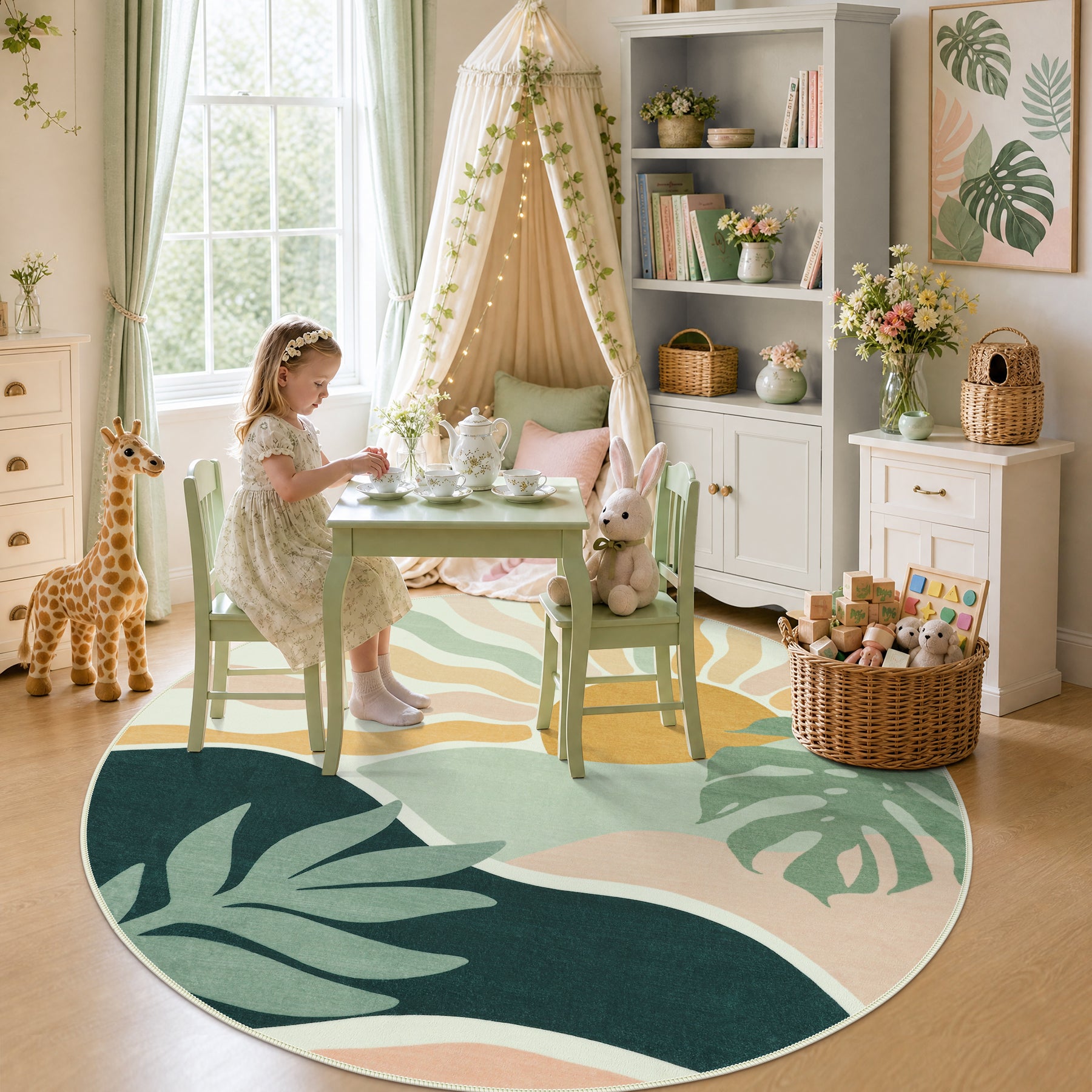 Boho Sun Area Rug, Machine Washable Faux Wool Rug, Non-Slip, Kid & Pet Friendly, Washable Living Room Carpet