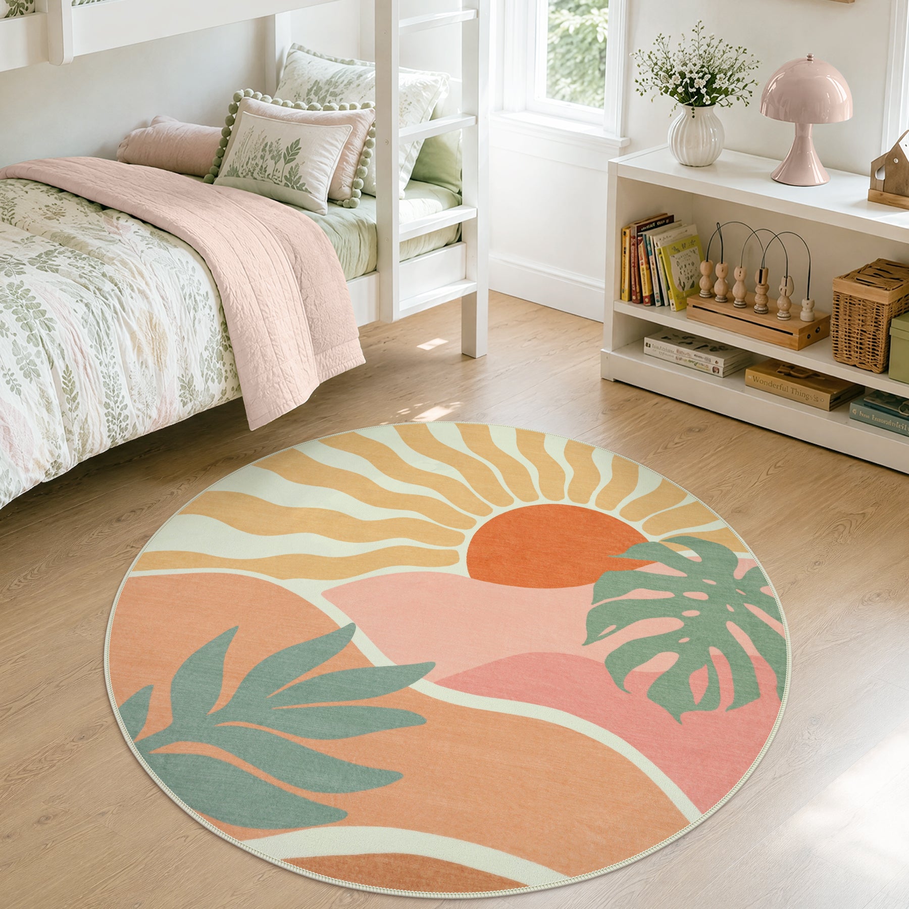 Boho Sun Area Rug, Machine Washable Faux Wool Rug, Non-Slip, Kid & Pet Friendly, Washable Living Room Carpet