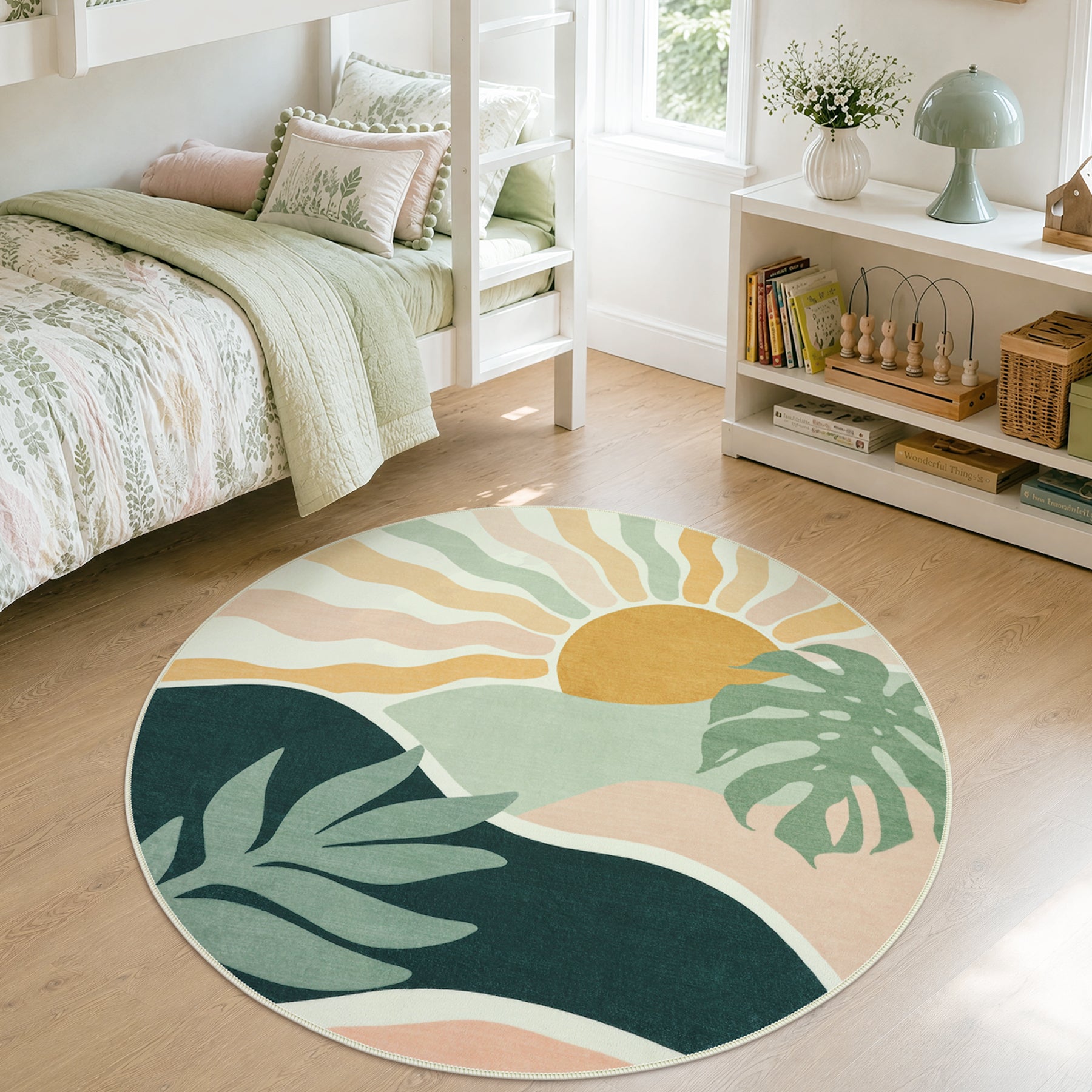 Boho Sun Area Rug, Machine Washable Faux Wool Rug, Non-Slip, Kid & Pet Friendly, Washable Living Room Carpet