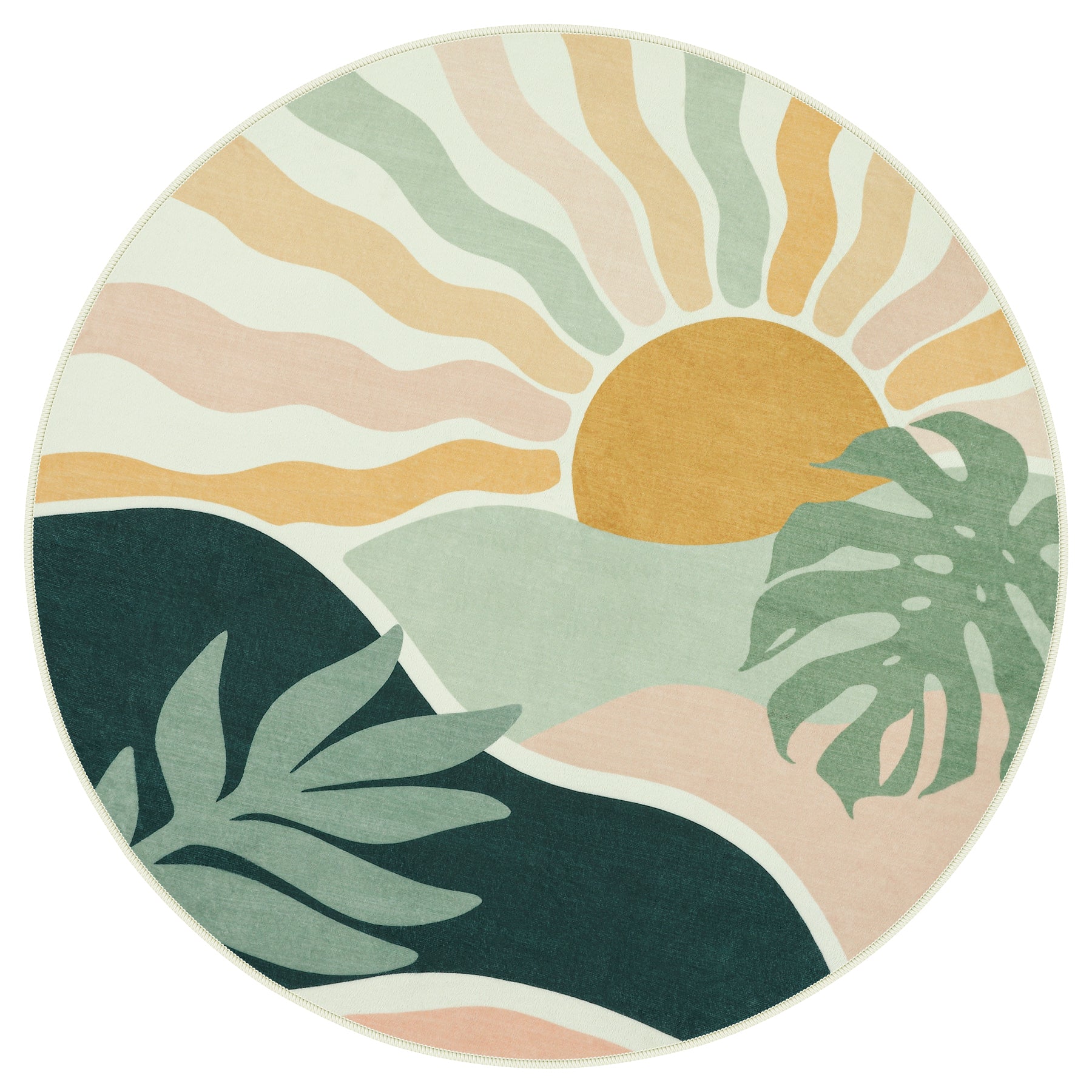 Boho Sun Area Rug, Machine Washable Faux Wool Rug, Non-Slip, Kid & Pet Friendly, Washable Living Room Carpet