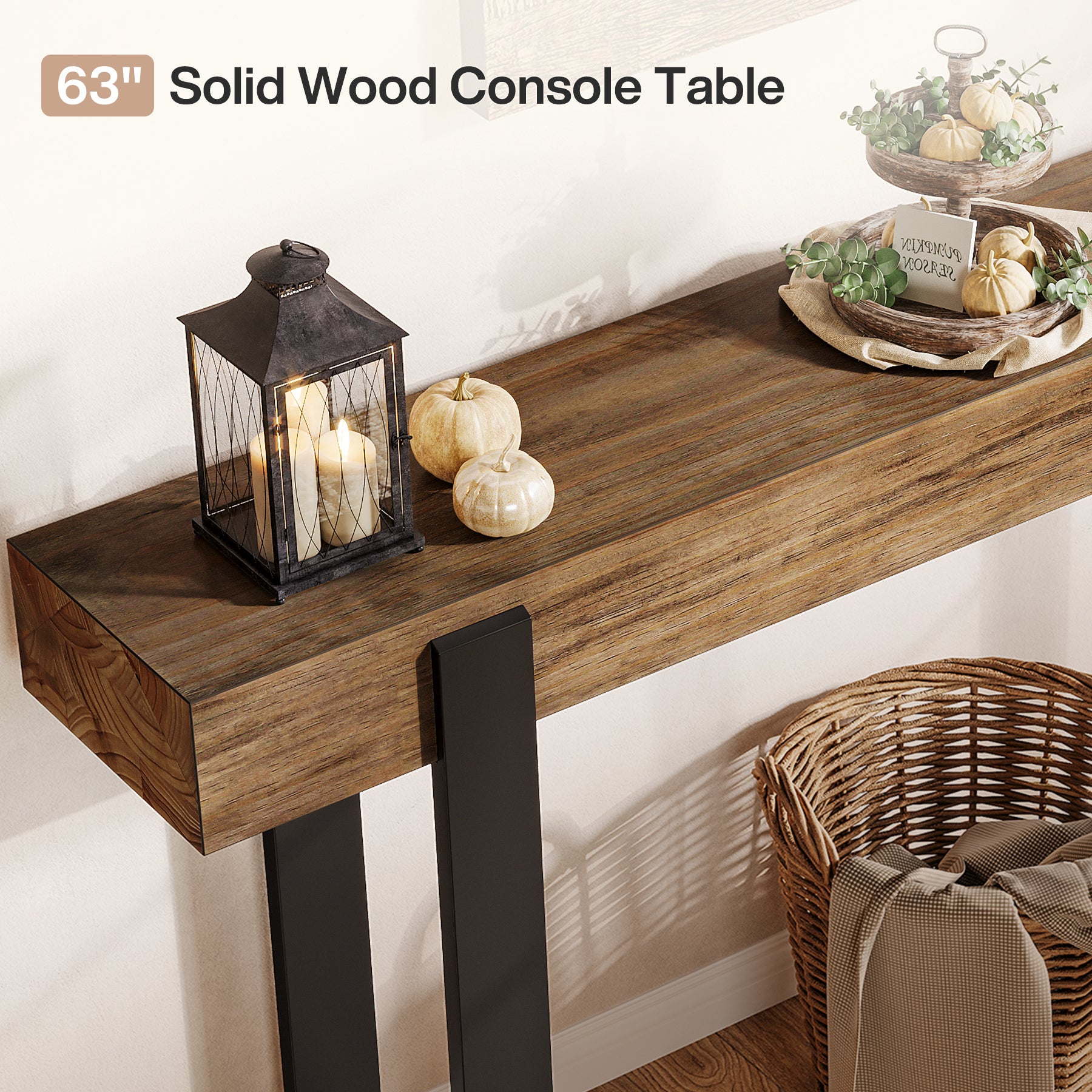 Solid Wood Console Table, 63" Entryway Sofa Table with Metal Legs