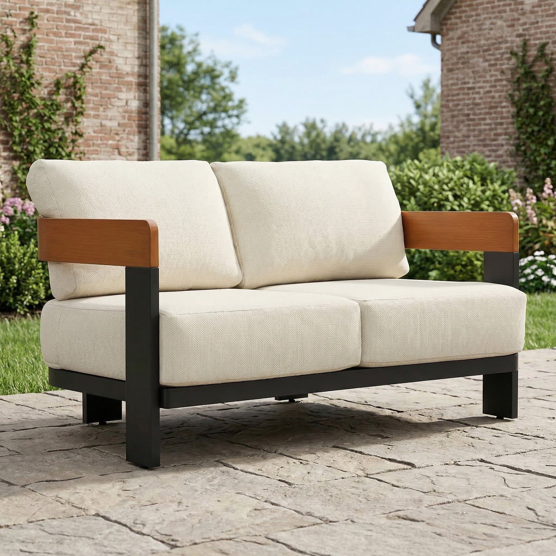 Patio Sofa Loveseat, Outdoor 2-Seater U-Shape Chair with Cushions