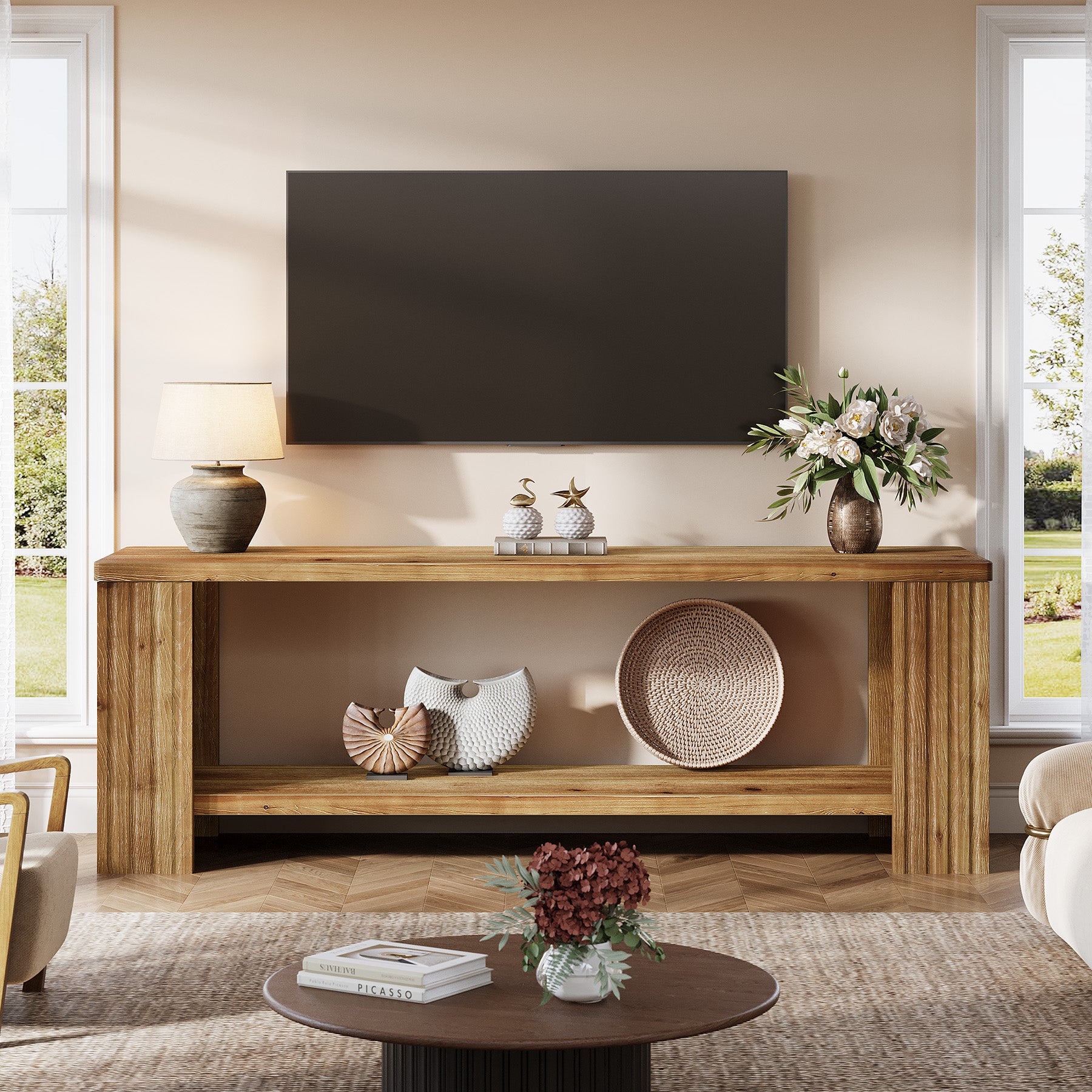 Solid Wood TV Stand, 63" Entertainment Center with 2-Tier Storage Shelf