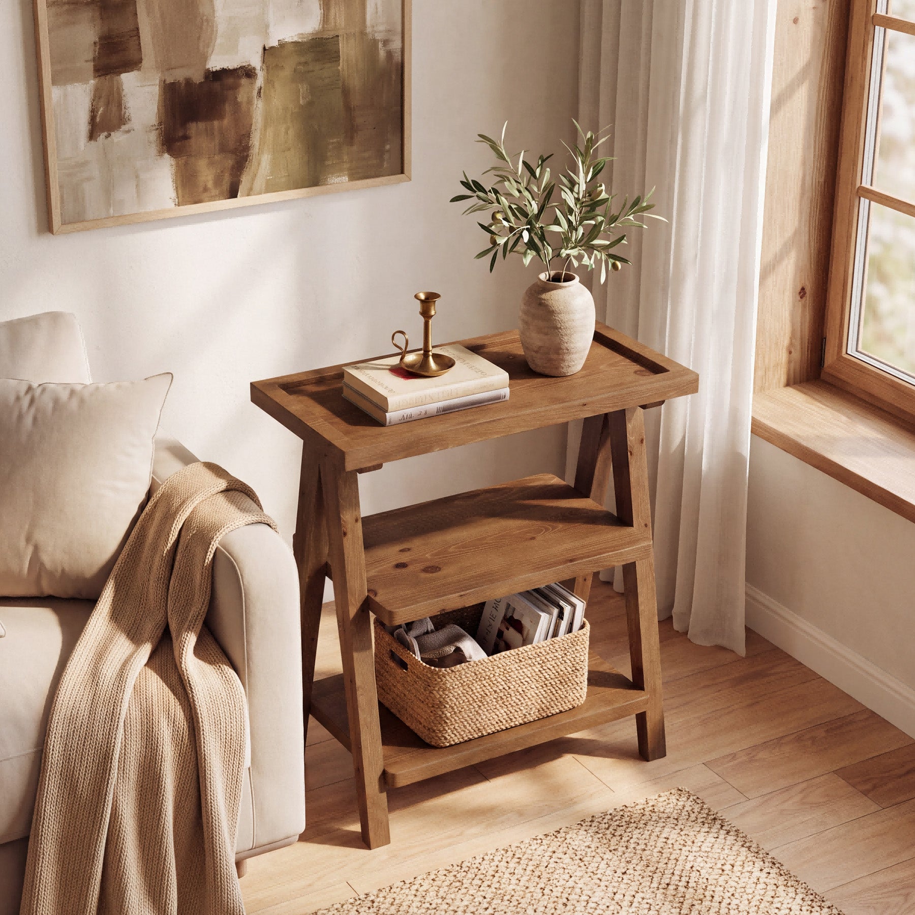 Solid Wood End Table, 3-Tier Side Table Farmhouse Accent Table for Small Spaces