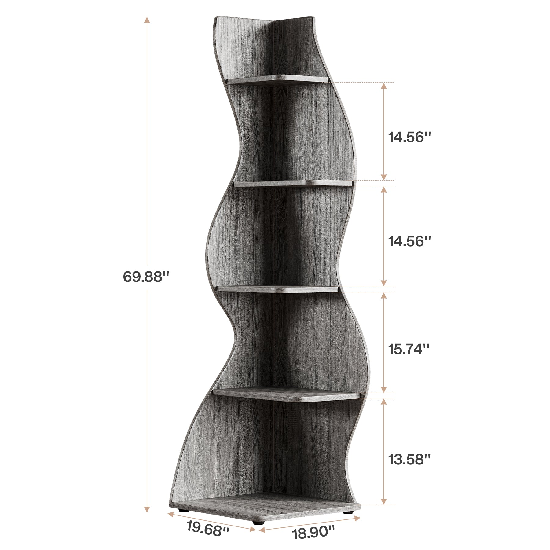 5-Tier Corner Bookcase, Rustic Freestanding Corner Shelf for Small Spaces