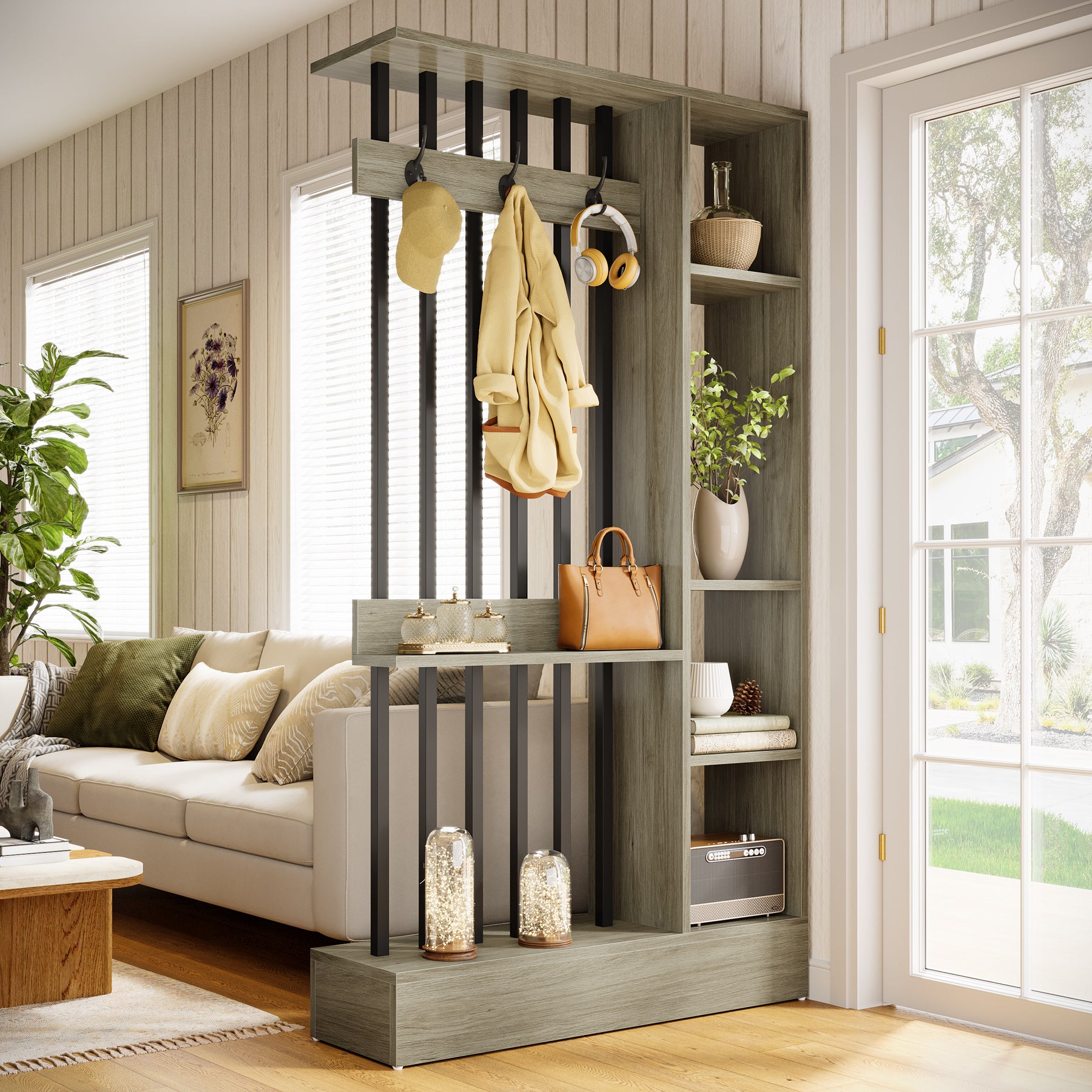 71" Wall Room Divider, Wood Freestanding Wall Partition Bookcase with Coat Hooks