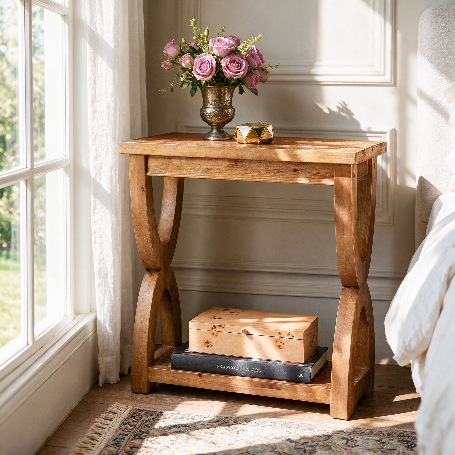 Solid Wood Side Table, 2-Tier Small End Table Bedside Table for Living Room