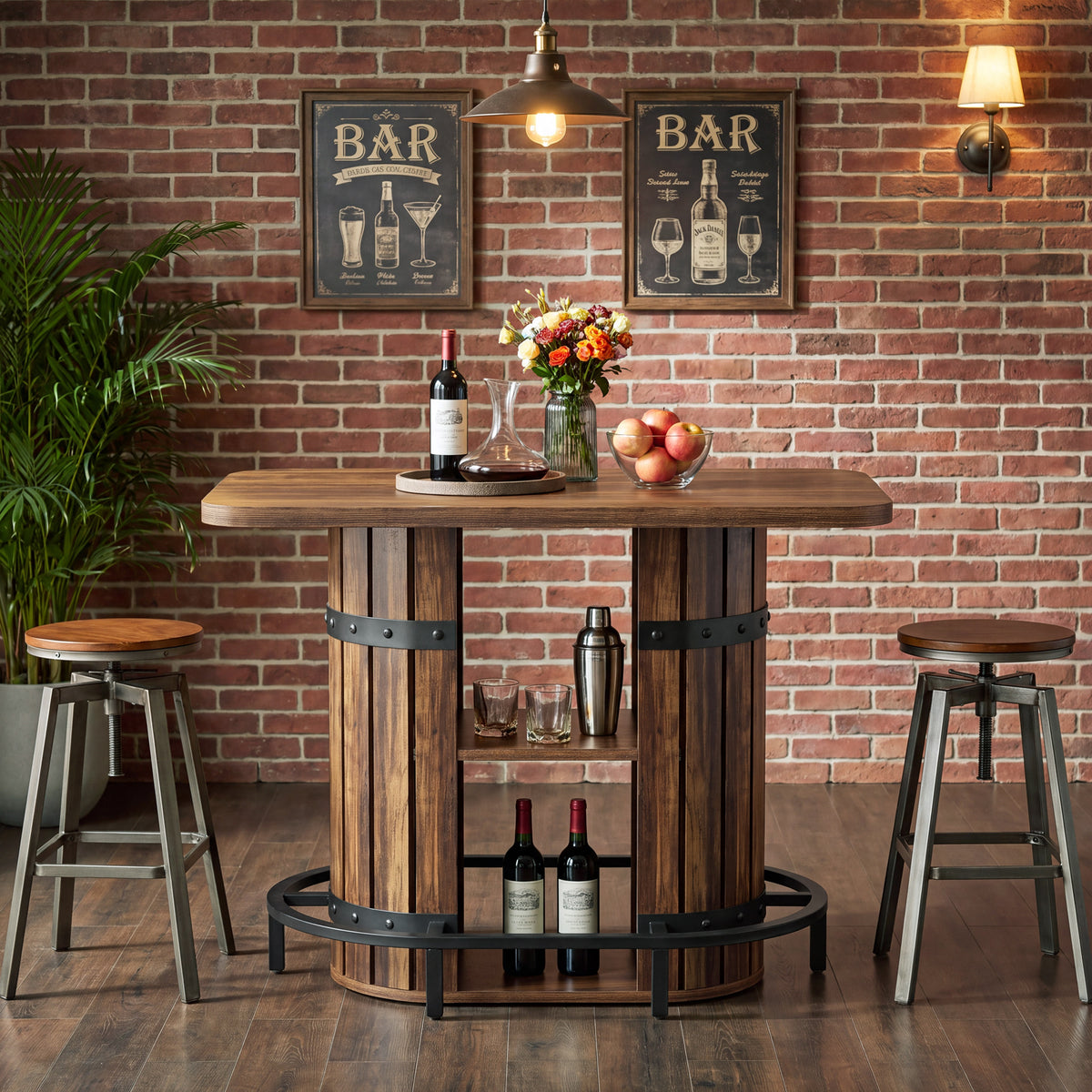 47.24" Bar Table, Farmhouse Counter Height Table with Storage & Metal Footrest