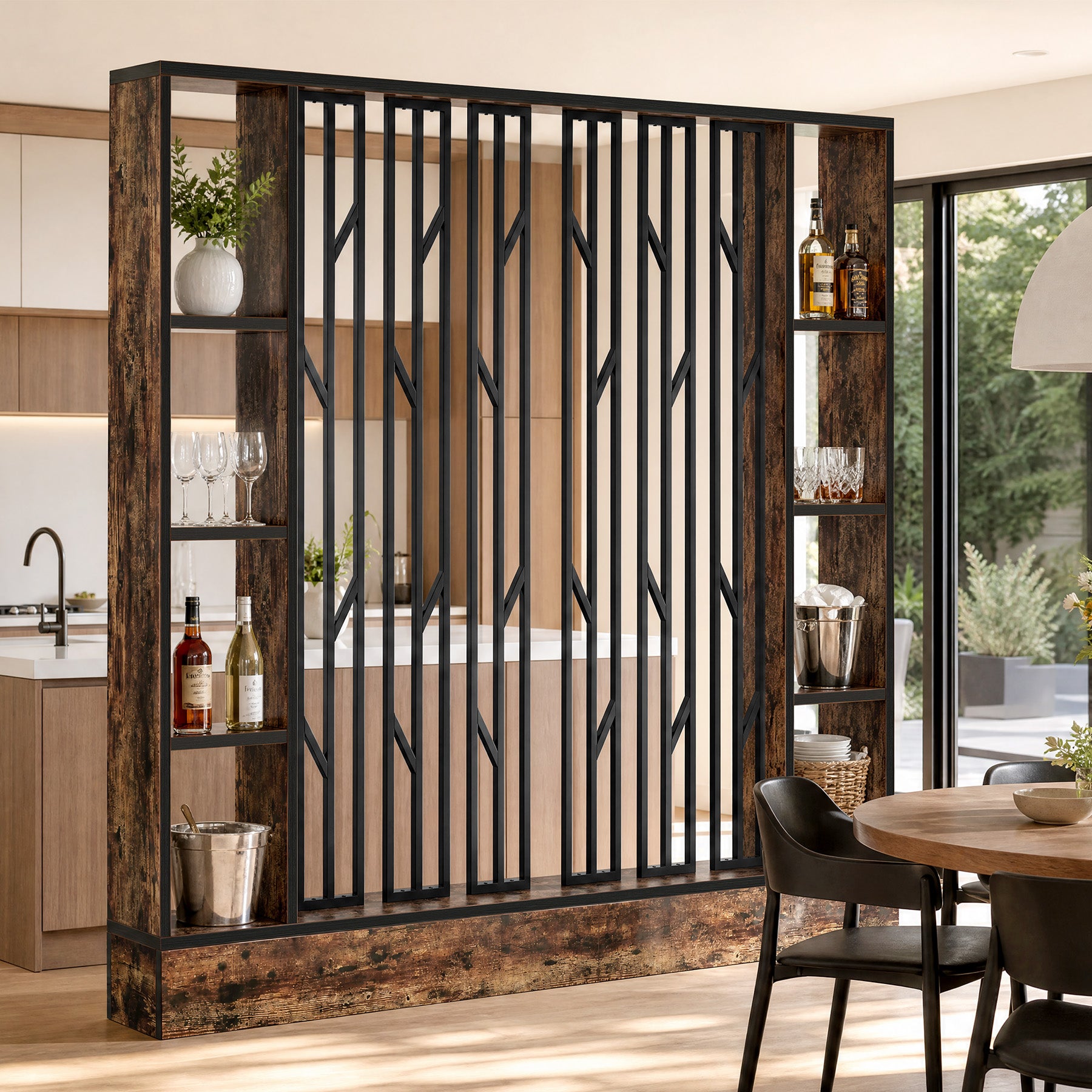 71" Room Divider with Storage Shelves, Freestanding 4-Shelf Wall Partition, Living Room