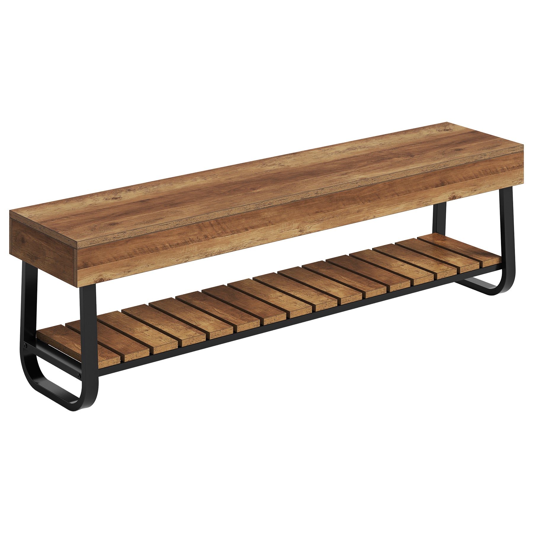 63" Dining Bench with Slatted Shelf, Indoor Kitchen Bench with Metal Frame