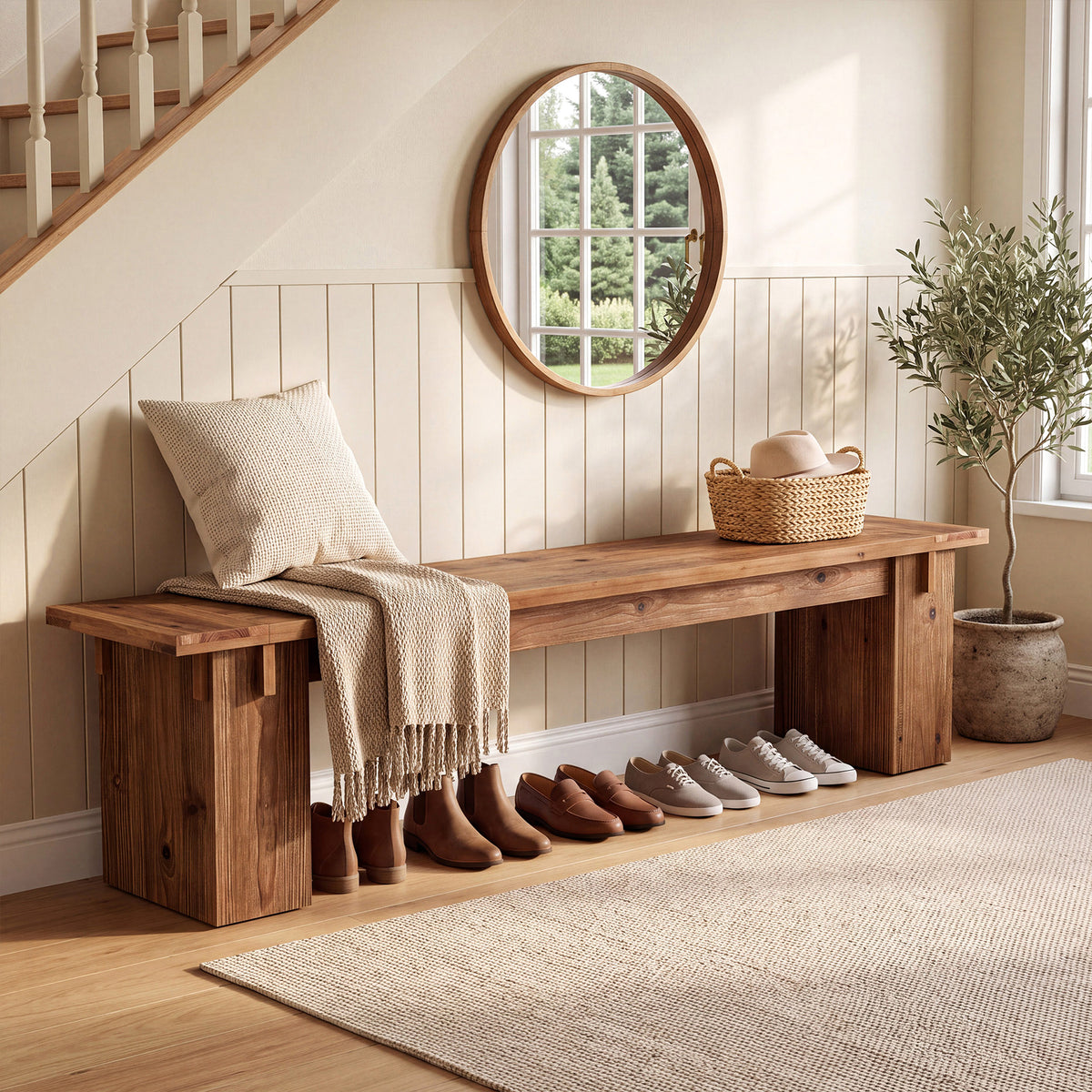 71" Farmhouse Solid Wood Entryway Bench with Thick Legs, Bedroom End of Bed Bench