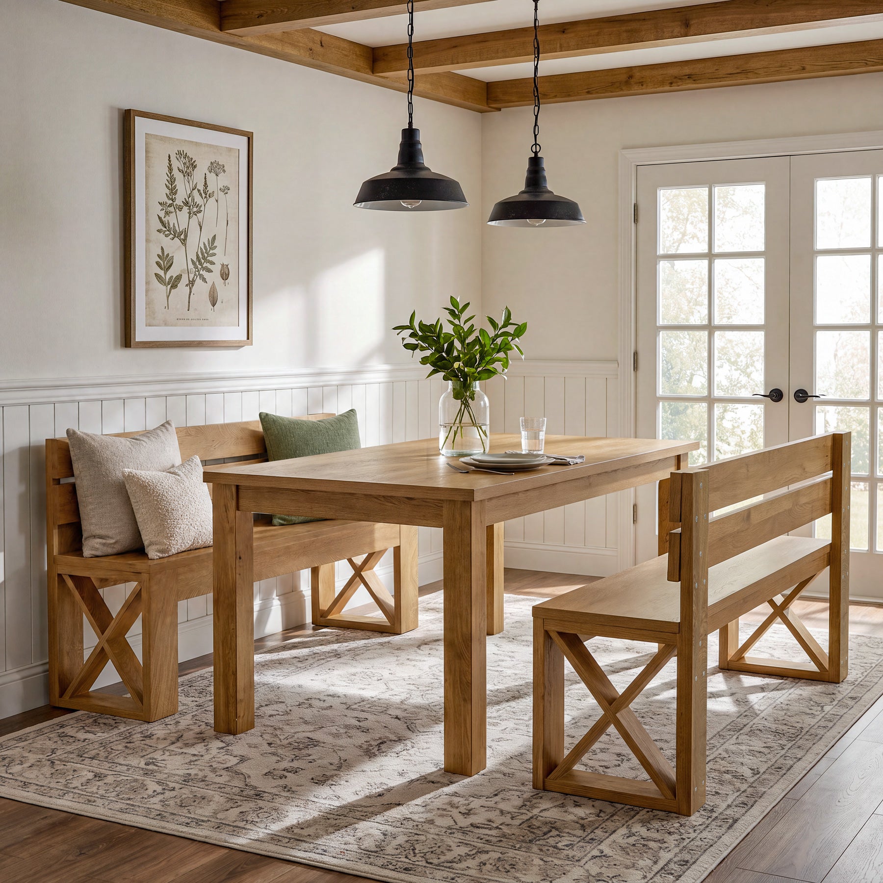 47" Dining Bench with Back, Farmhouse Kitchen Bench, X-Brace, Dining Room