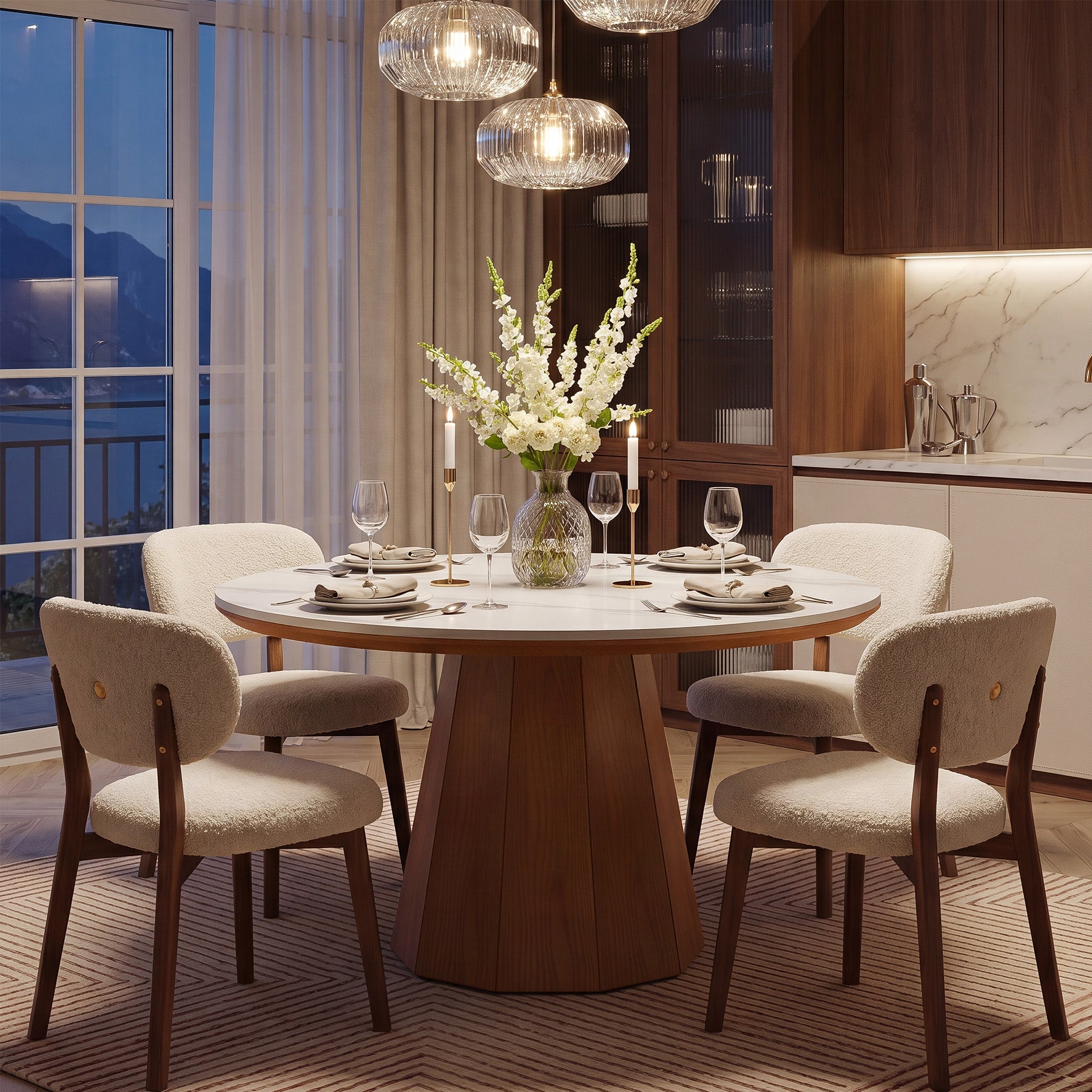 47” Round Sintered Stone Dining Table, Solid Wood Kitchen Dinner Table for 4-6