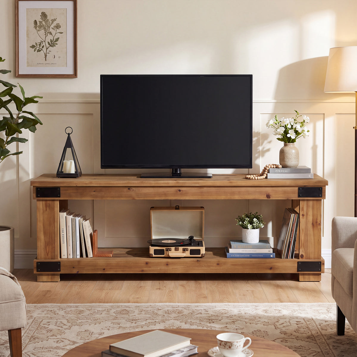 63" Industrial TV Stand, 2-Tier Open Shelf, Solid Wood for 75" TV