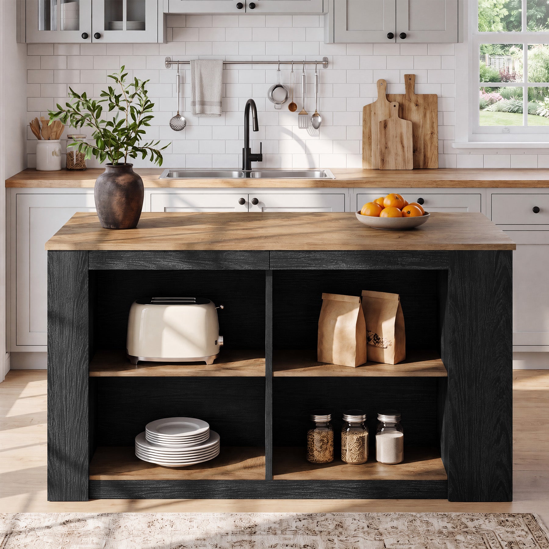 55" Two-Tone Kitchen Island with Storage Shelves, Large Worktop Dining Table