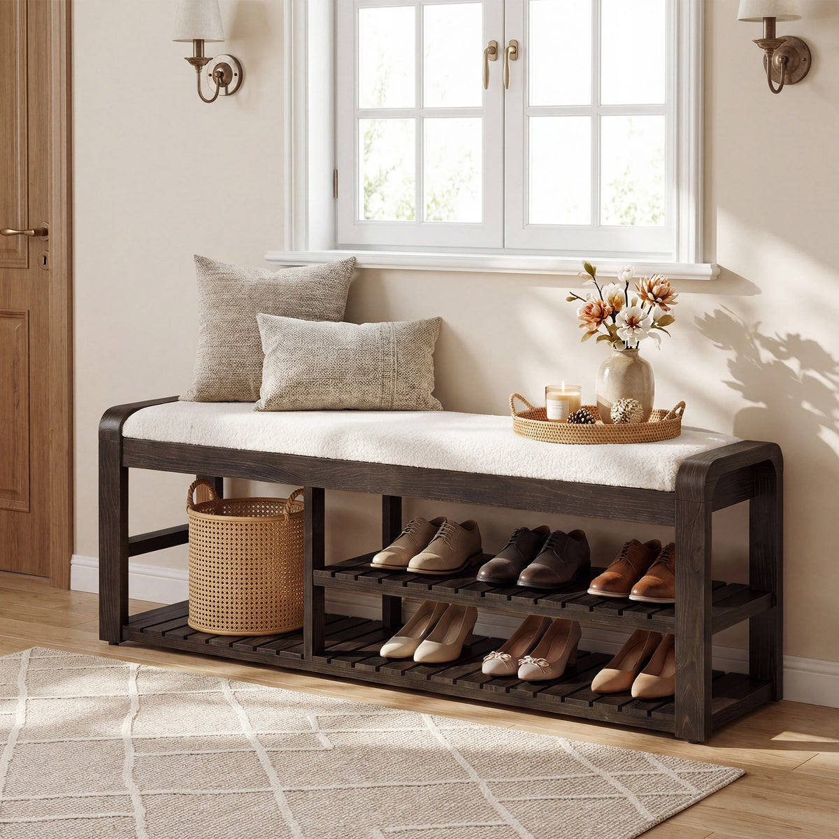 55" Solid Wood Shoe Storage Bench, Upholstered Entryway Bench with Removable Cushion