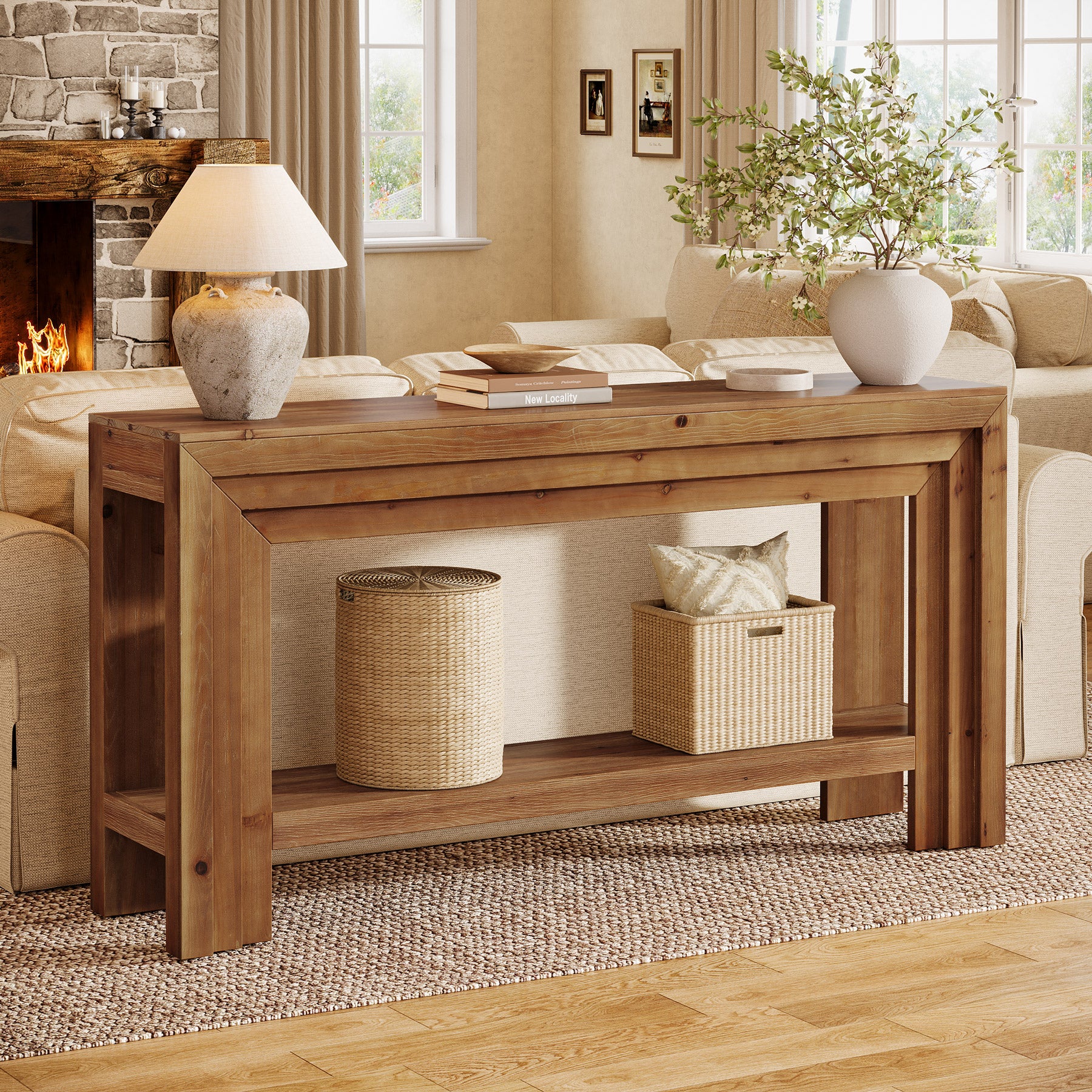 63" Solid Wood Entryway Console Table with 2-Tier Shelf, Farmhouse Sofa & Hallway Table with Dimensional Linear Frame