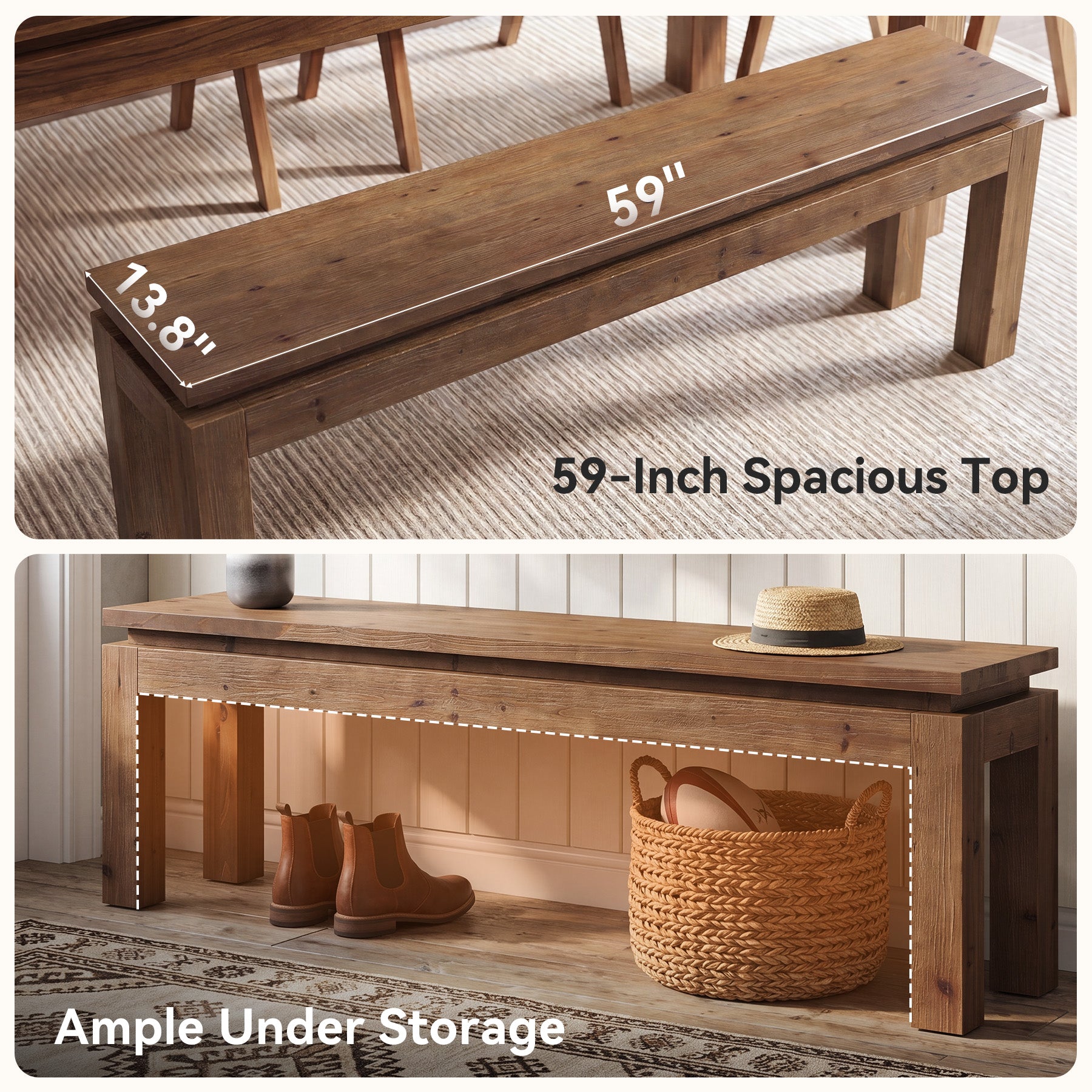 59" Solid Wood Dining Bench, Indoor Bench Seating for Dining Room, Entrance