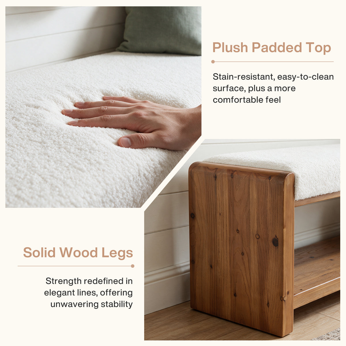 63" Solid Wood Bench with Cushion, 2-Tier Upholstered Entryway Bench for Living Room