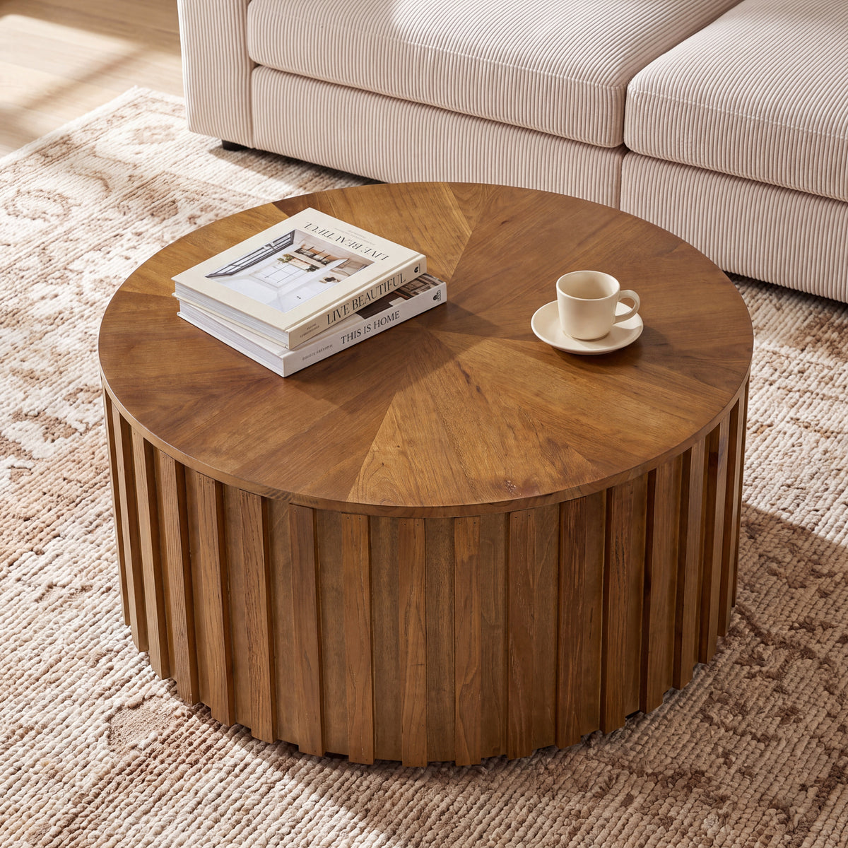 Solid Wood Round Coffee Table, 31.5" Fluted Drum Tea Table with Hidden Storage, No Assembly