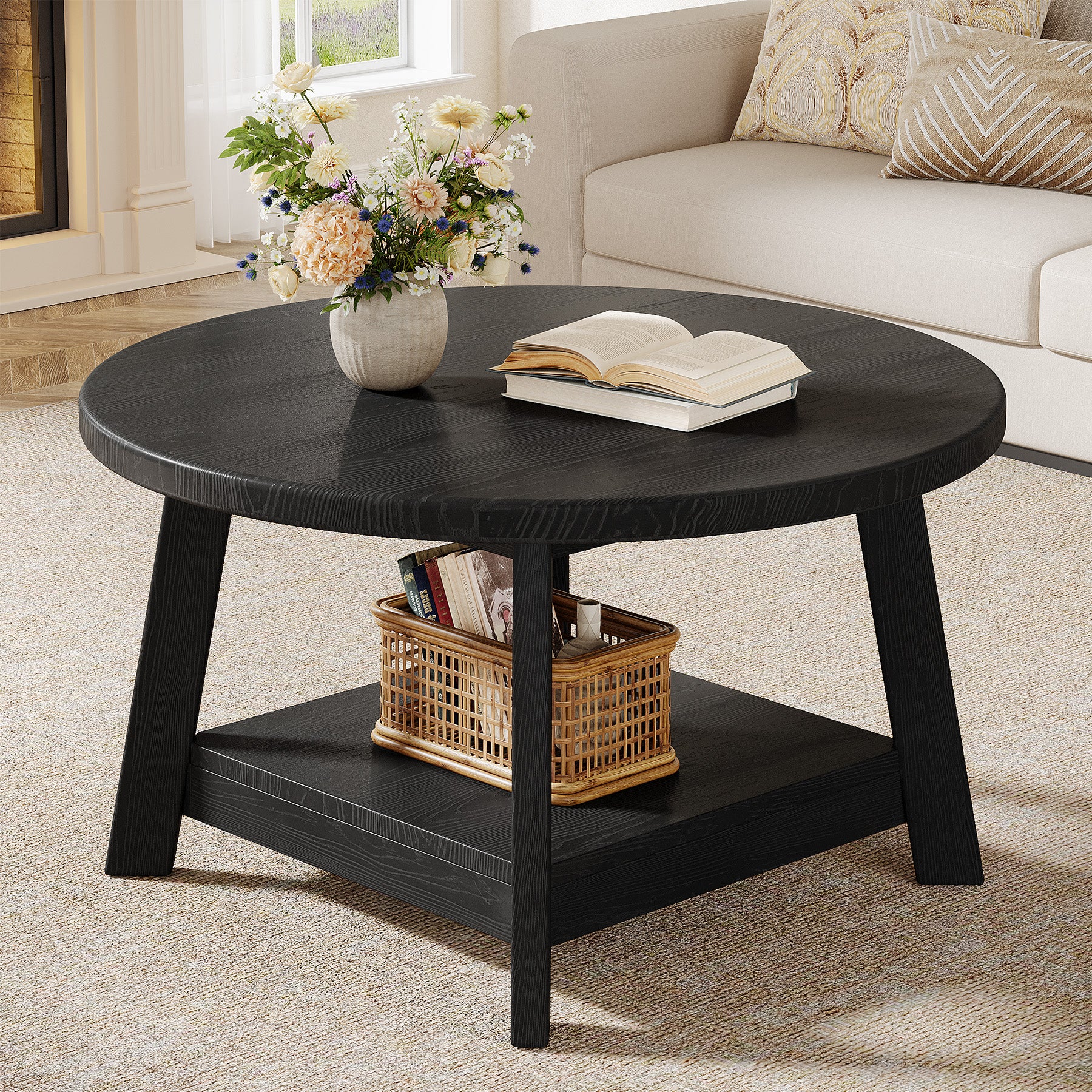 31.5" Round Coffee Table, 2-Tier Solid Wood Center Cocktail Accent Table