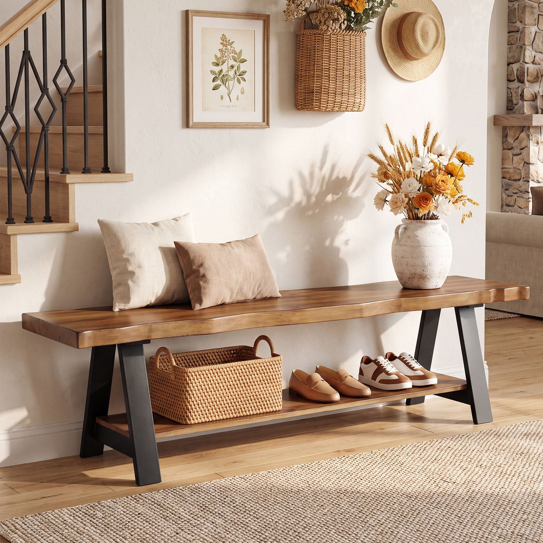55" Solid Wood Entryway Bench, Farmhouse Shoe Bench with Under Storage Shelf