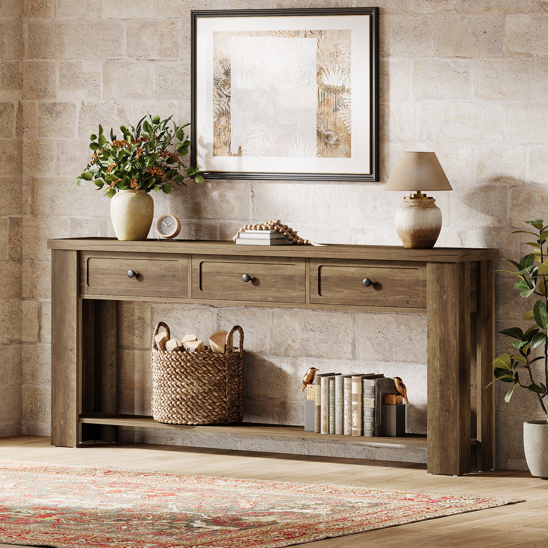 70.9" Extra-Long Console Table with 3 Drawers, Narrow Farmhouse Entryway Sofa Table with Shelf for Hallway or Behind Couch