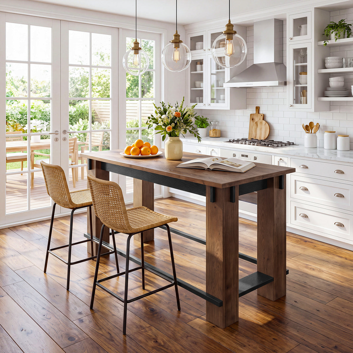 63" Farmhouse Industrial Kitchen Island with Footrest, Counter Height Solid Wood
