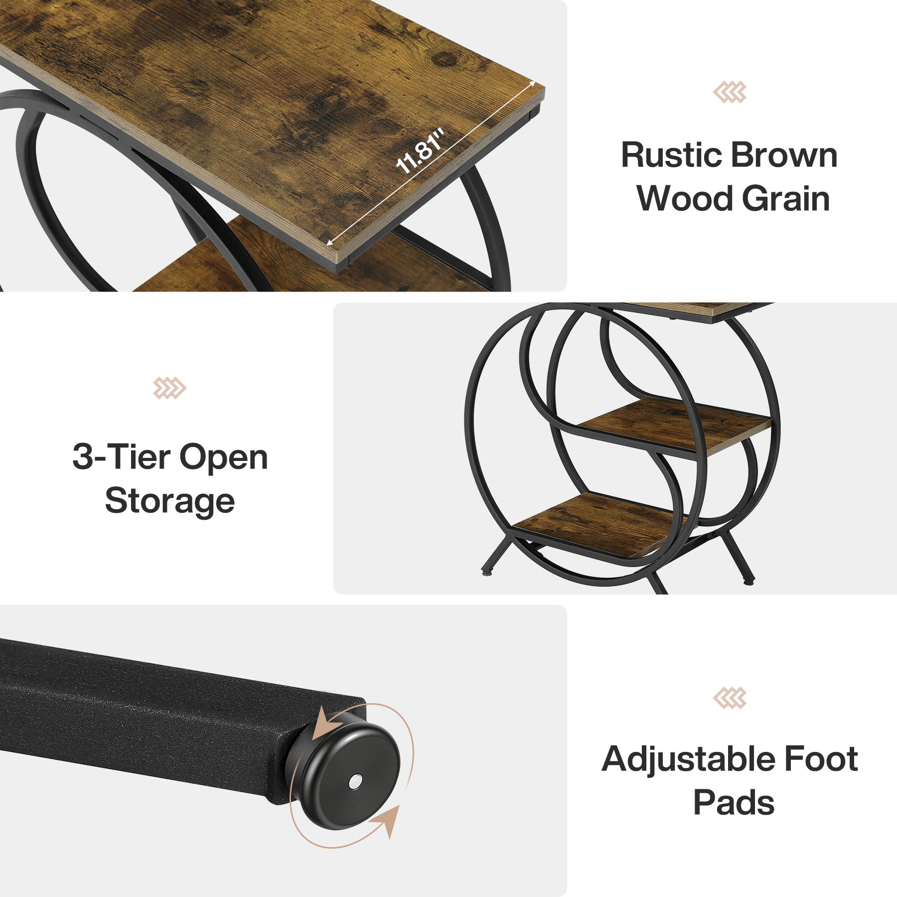 23.62" Industrial 3-Tier End Table, Rustic Brown Rectangle Side Table