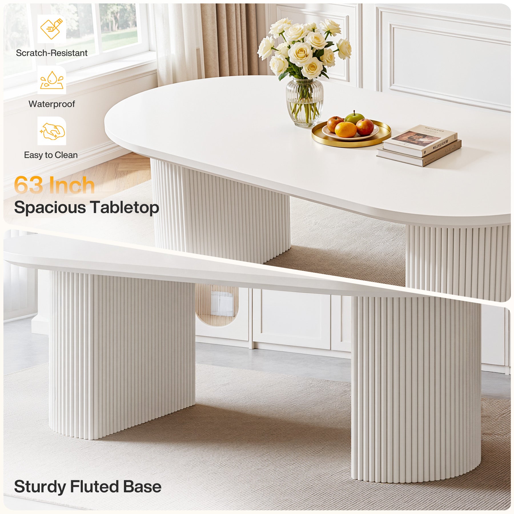 63" Oval Dining Table For 4-6, Modern Kitchen Table With Fluted Wooden Base