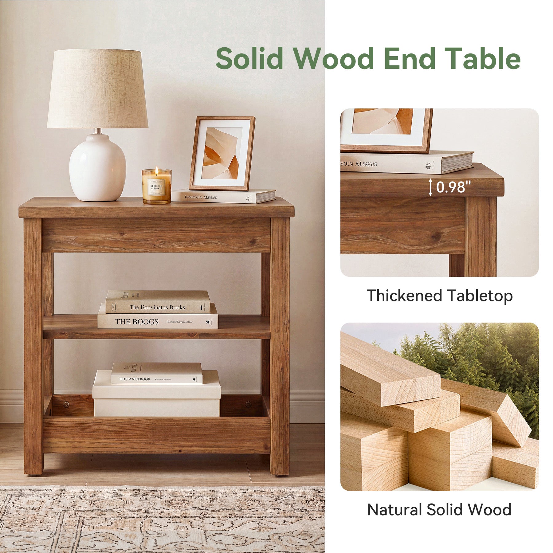 Tribesigns 23.62" Solid Wood End Table, 3-Tier Narrow Side Table for Living Room and Bedroom