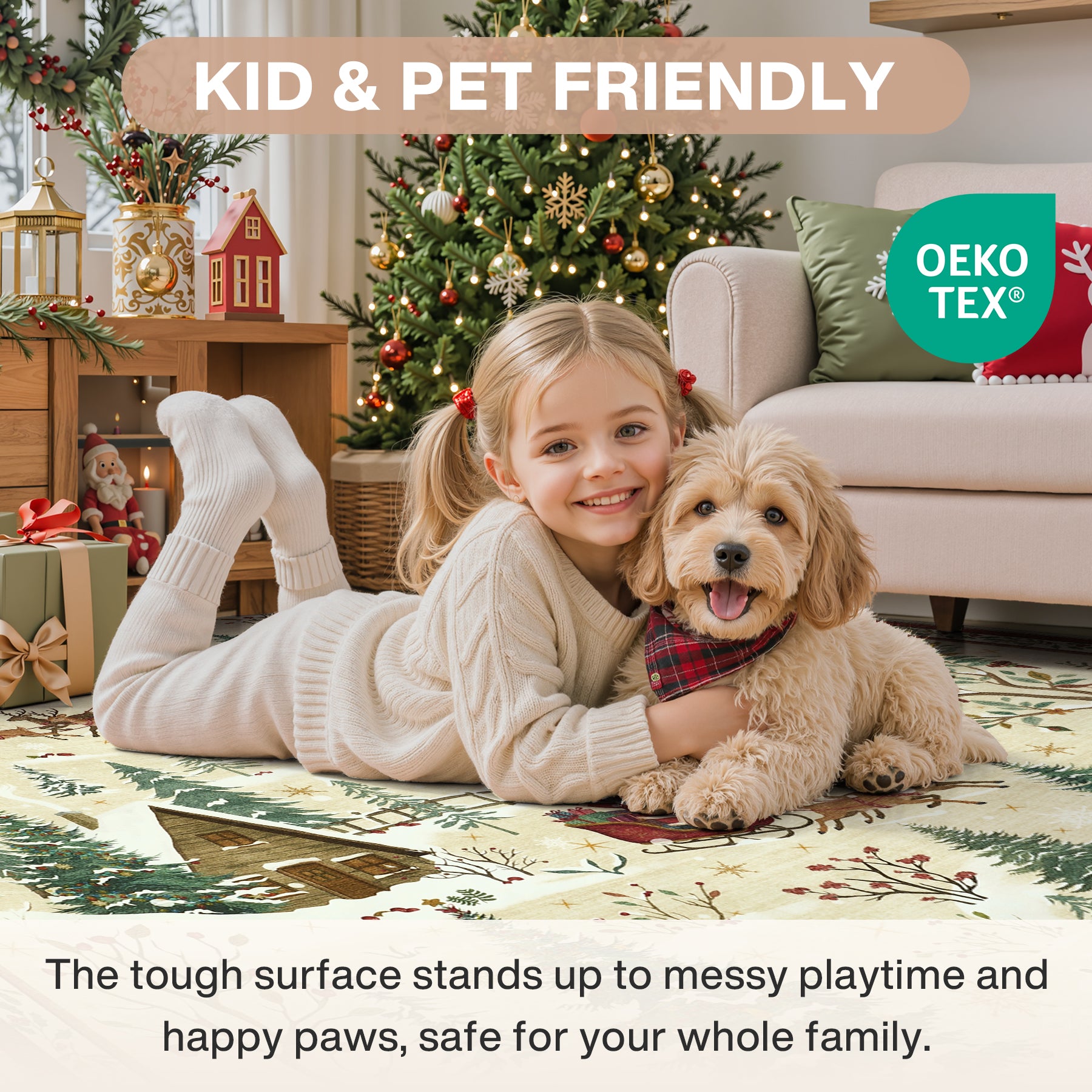 Christmas Snow Forest Washable Area Rug, Soft Holiday Scene Non-Slip Indoor Rug for Living Room Bedroom, Oeko-Tex Certified