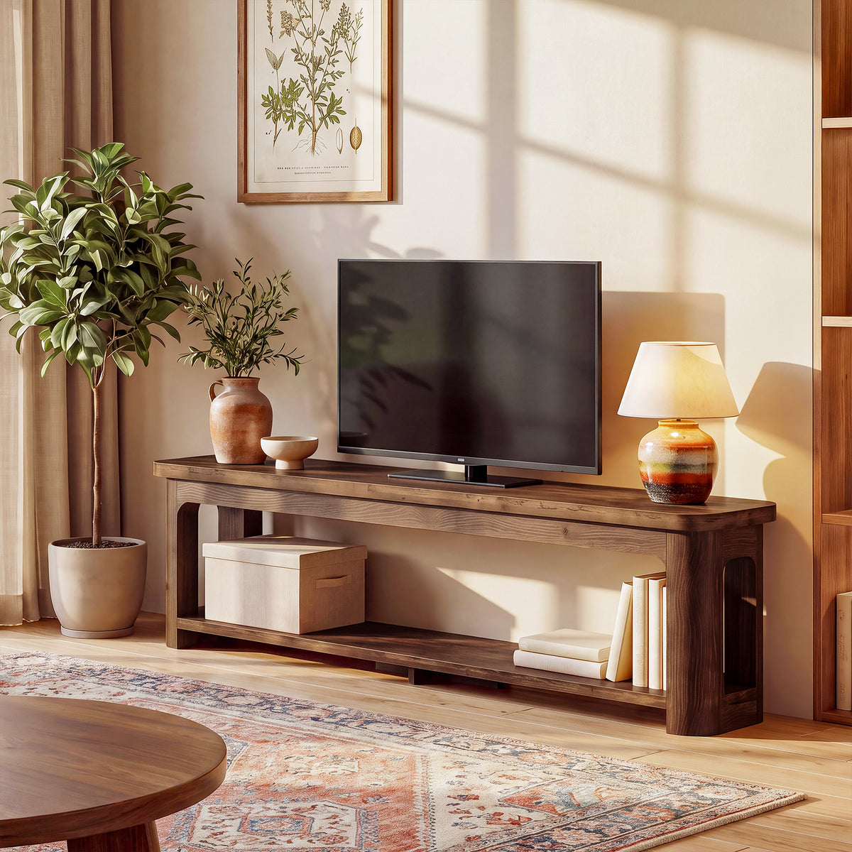71 Inch Solid Wood TV Stand with Open Storage Shelf, Farmhouse Media Console for Living Room
