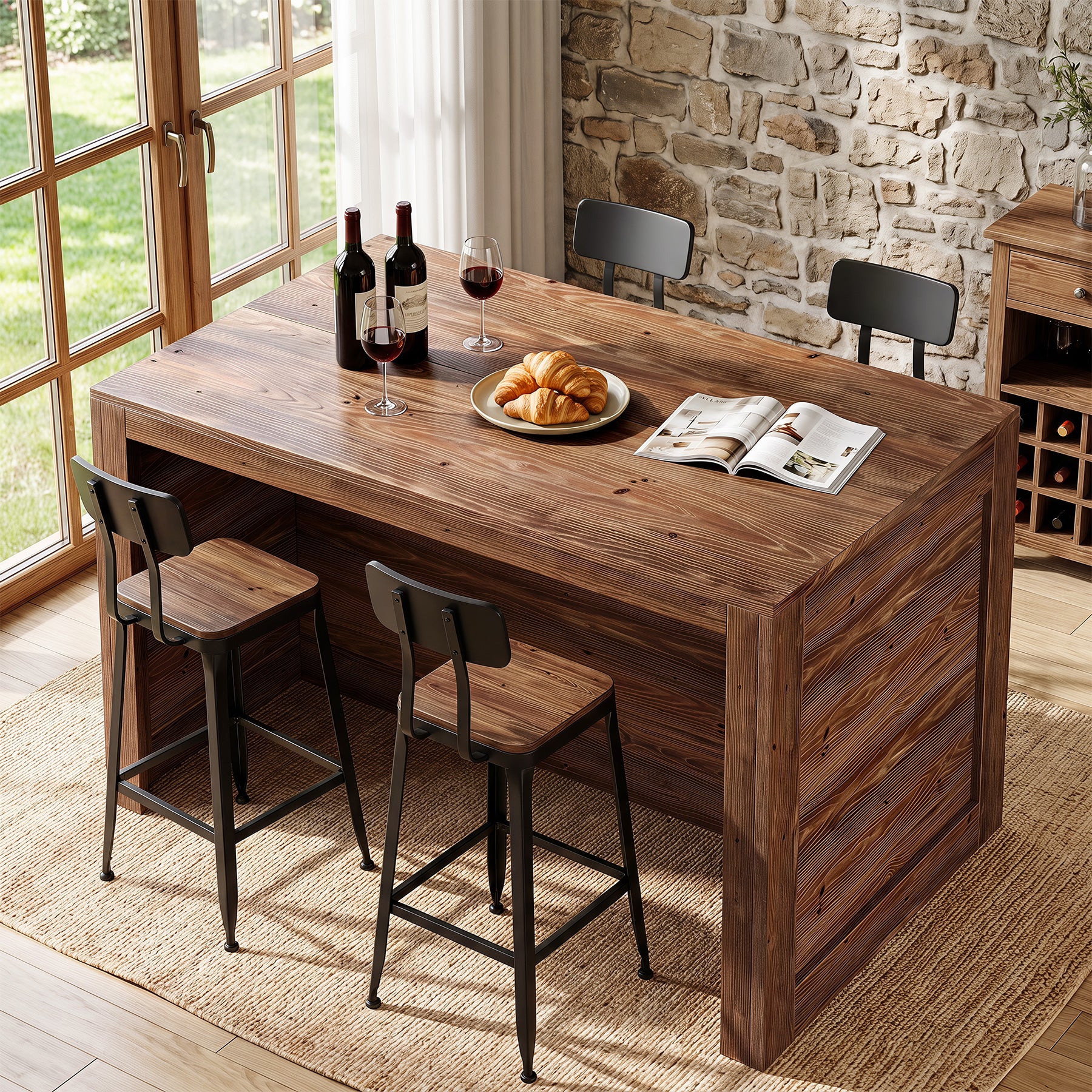 55" Solid Wood Home Bar Table, Farmhouse Counter Height Pub Table with 2-Tier Storage