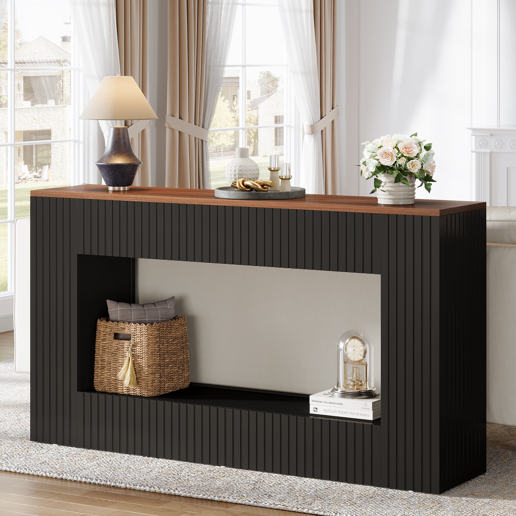 55" Console Table, Wood Entryway Table Sofa Table with Storage