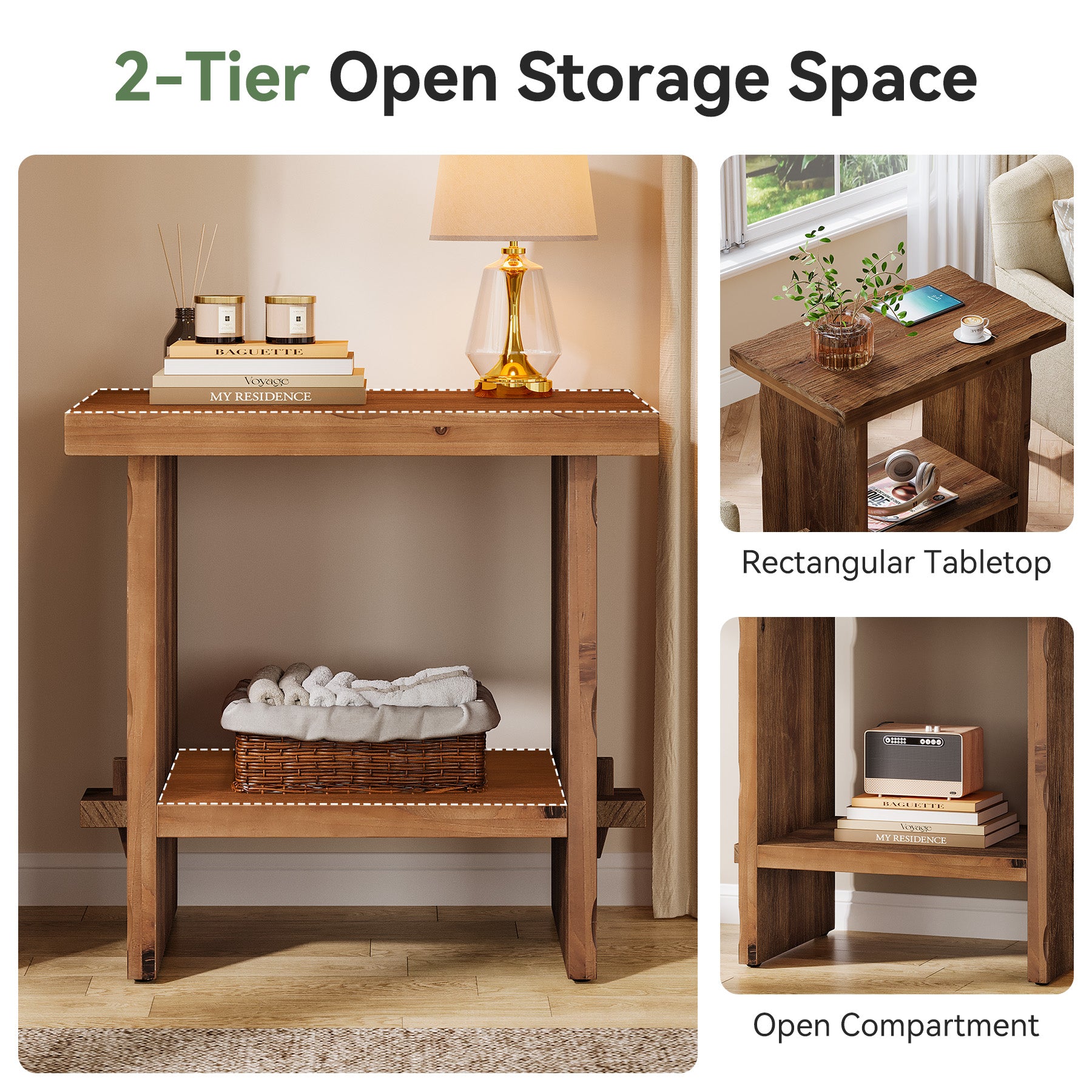 23.62-Inch Solid Wood Nightstand with Storage, Farmhouse Bedside Table with Wooden Base for Bedroom
