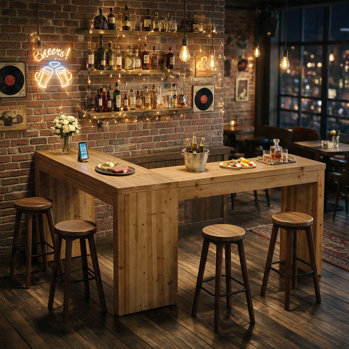 63" x 47" L-Shaped Solid Wood Bar Table, Counter Height with 2.4" Thick Panel Legs