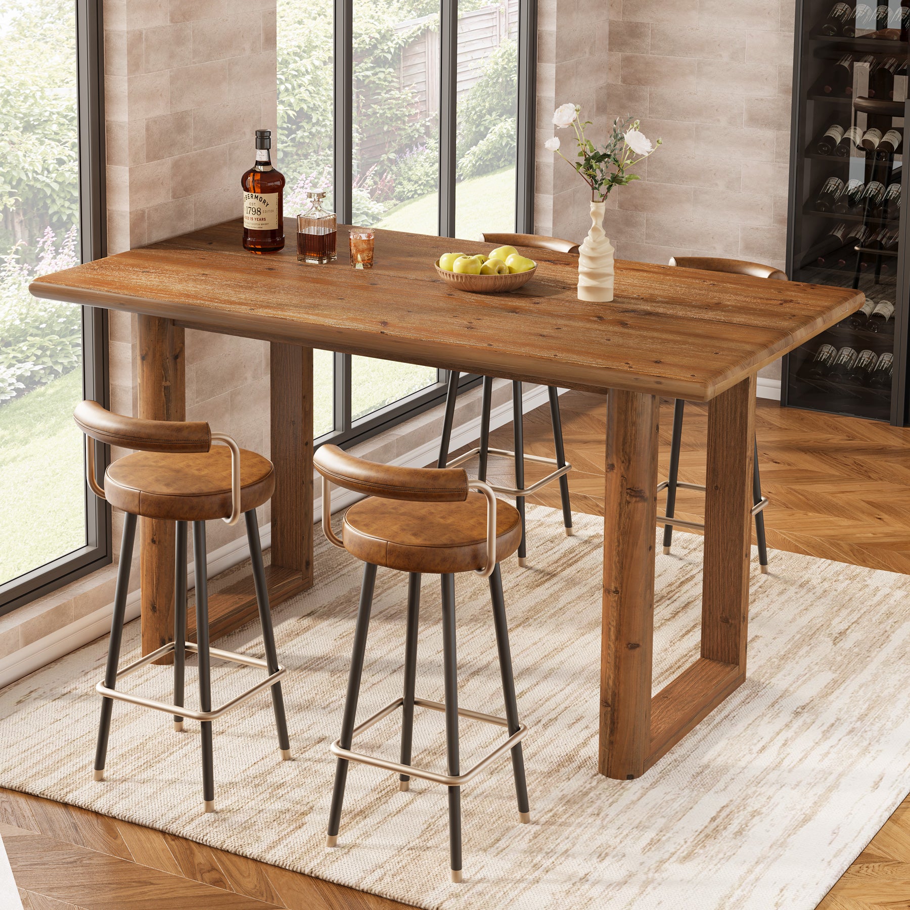 63" Solid Wood Bar Table, Farmhouse Counter Height Pub Table with U-Shaped Legs