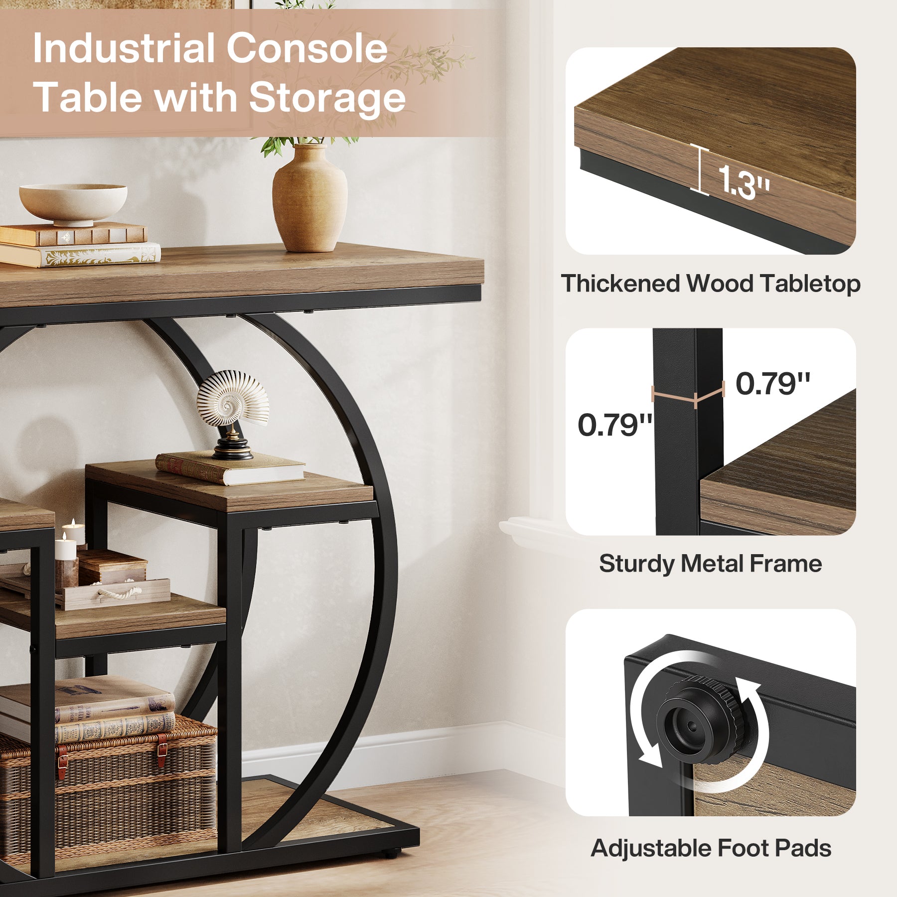 41.3" Industrial Console Table, 4-Tier Sofa Table with Storage Shelves