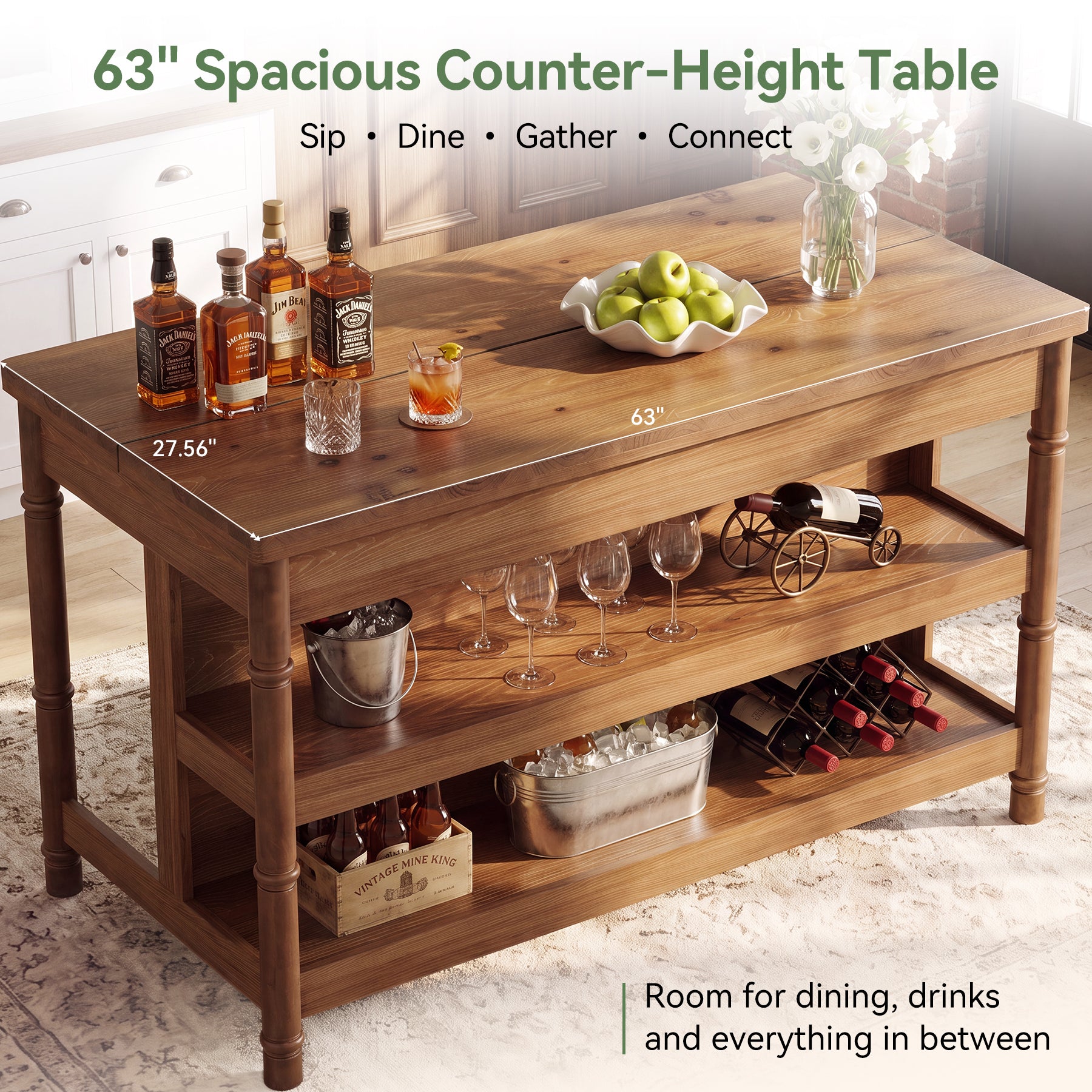 63" Counter Height Bar Table with Storage, Solid Wood Farmhouse Kitchen Bar Table, 3-Tier Shelves