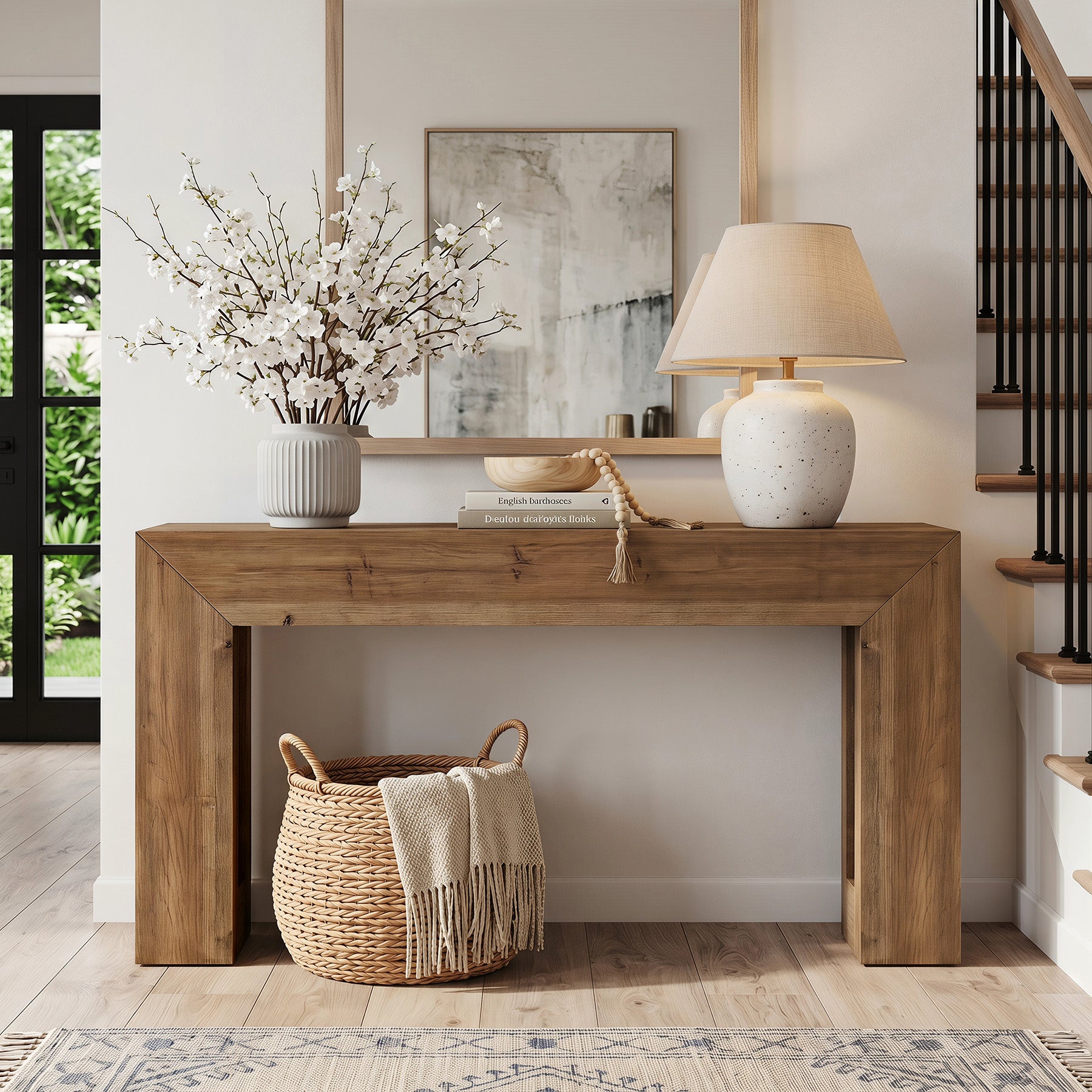 63-Inch Solid Wood Console Table with Geometric Frame, Natural Farmhouse Entryway Table