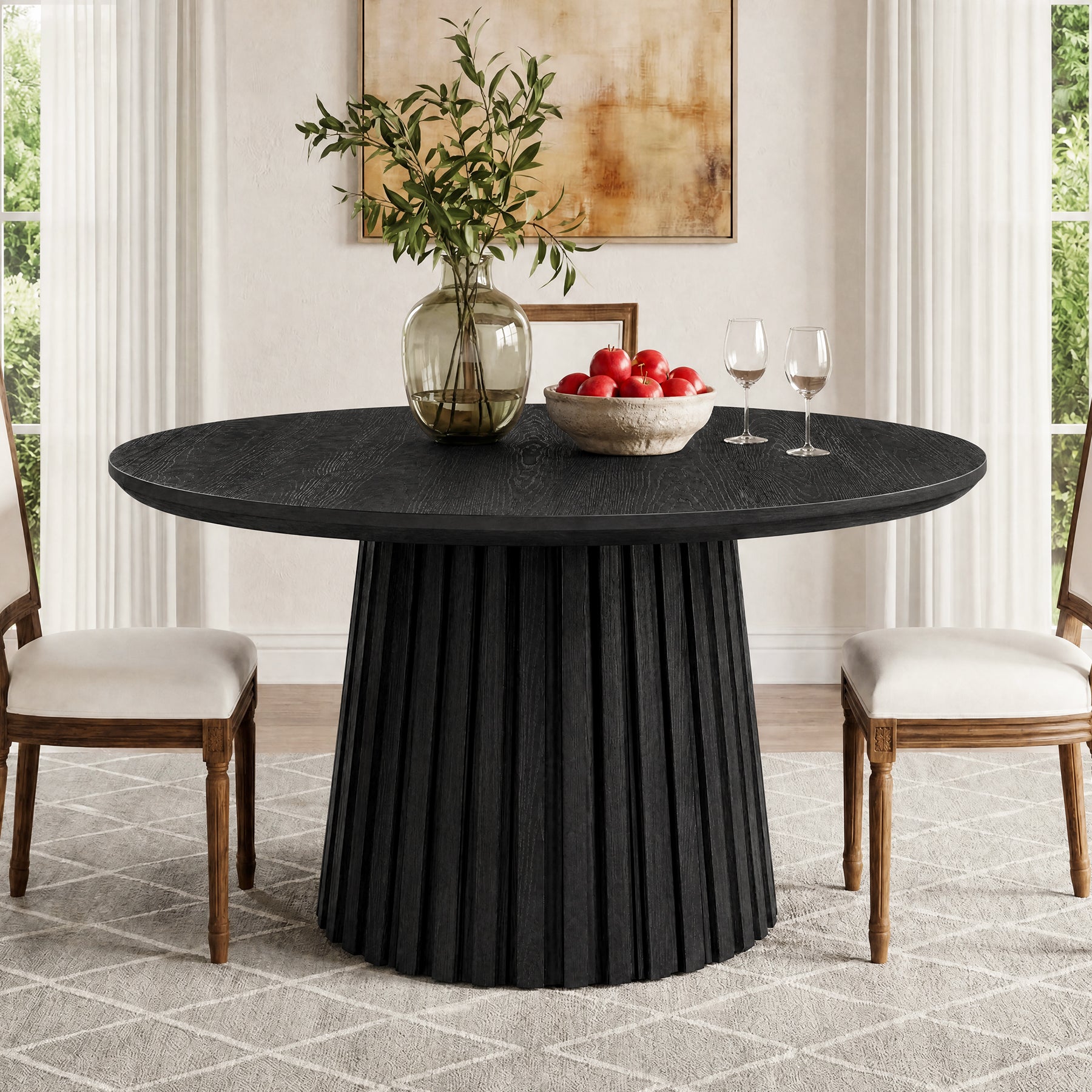 47.3-Inch Solid Wood Round Dining Table, Fluted Base Table for 4-6 People Dining Room