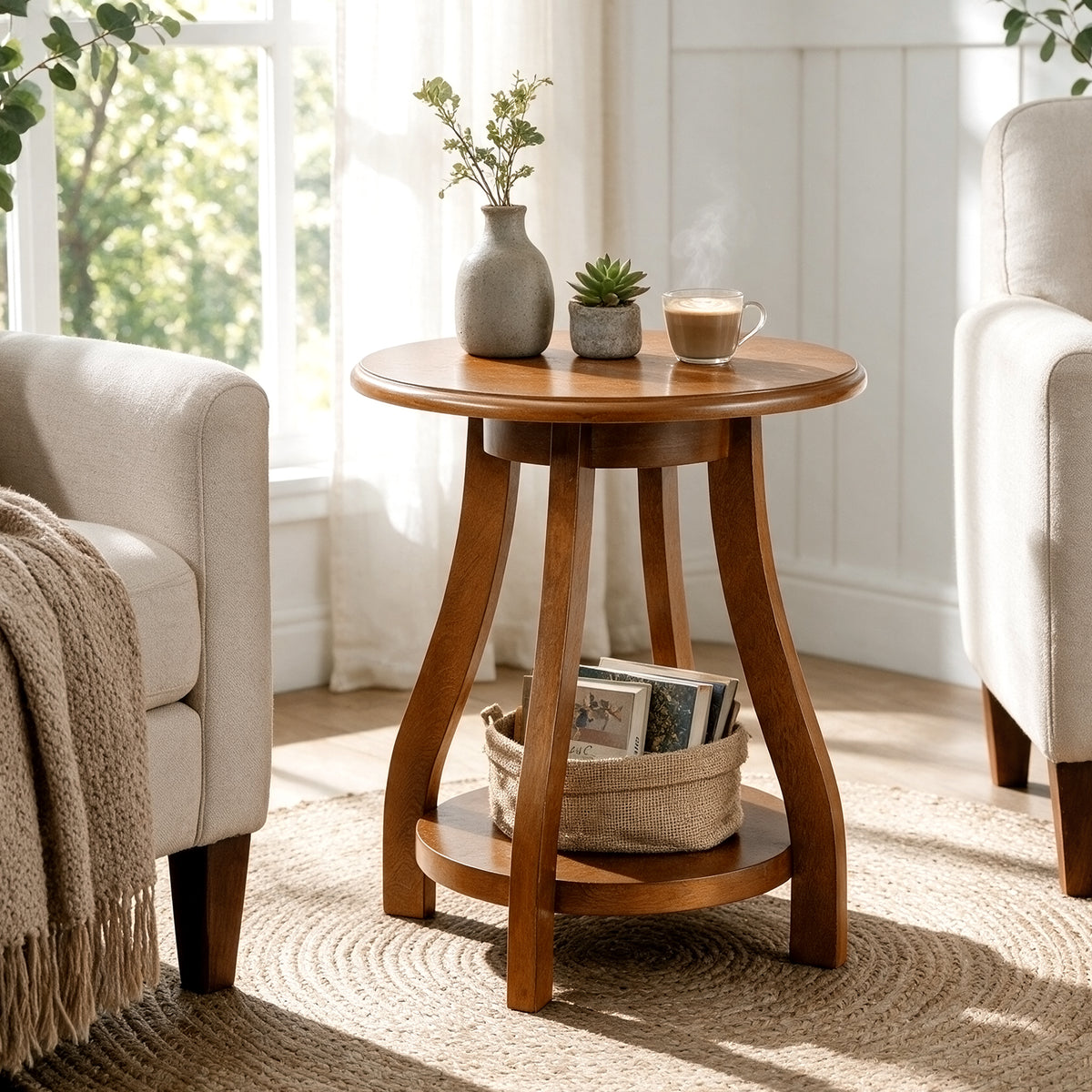 Solid Wood Round End Table, 2-Tier Small Side Table with Curved Legs for Living Room