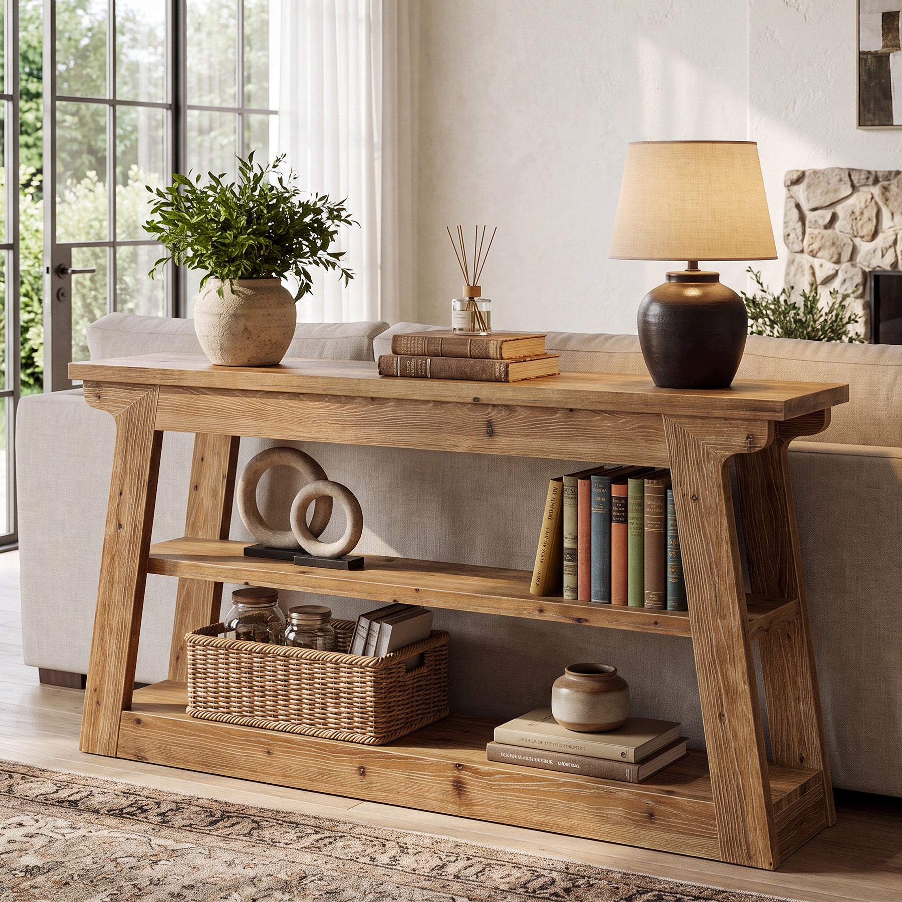 63" Console Table, 3-Tier Solid Wood Sofa Table Entryway Table for Hallway